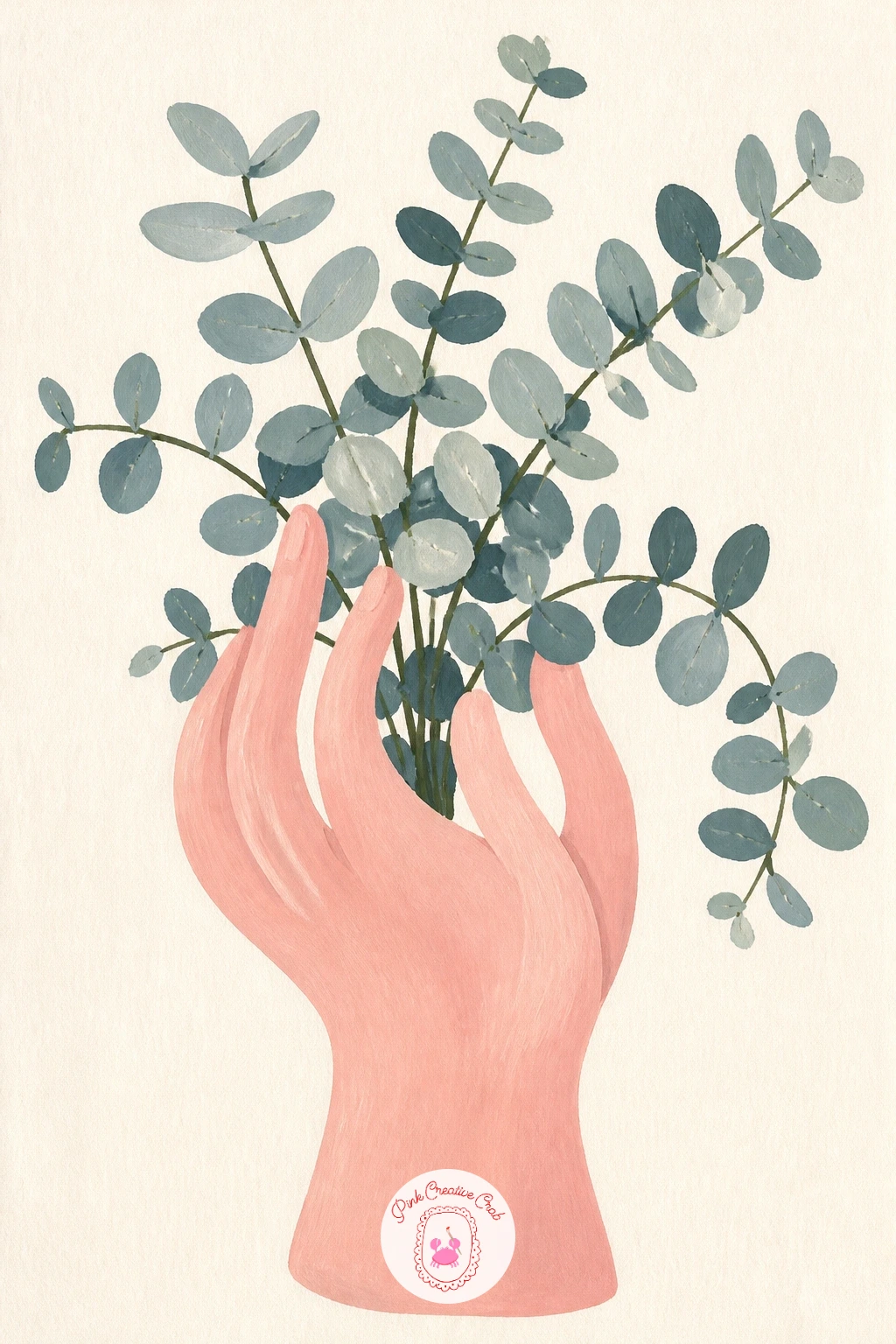 Hand-Shaped Vase Holding Eucalyptus — Build the hand vase from simple cupped shapes rather than trying to draw real anatomy, a soft rounded palm shape with a