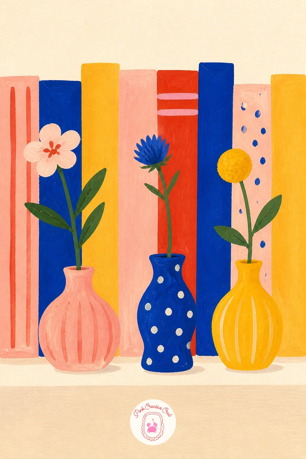 Trio Of Bud Vases On A Bookshelf — Three small vases need to feel related without matching exactly, paint them in one family of colors, say blush, cobalt and