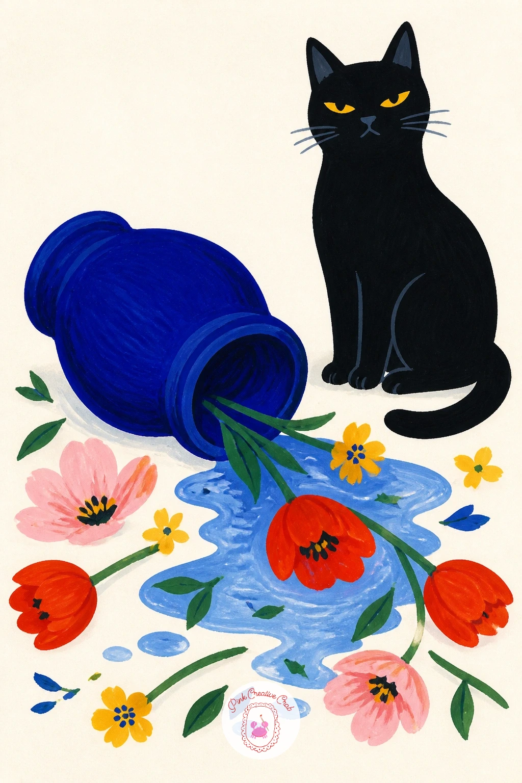 Vase Knocked Over By A Cat — Decide on the spill before anything else, since the tipped vase and the trail of water and flowers across the table is the whole