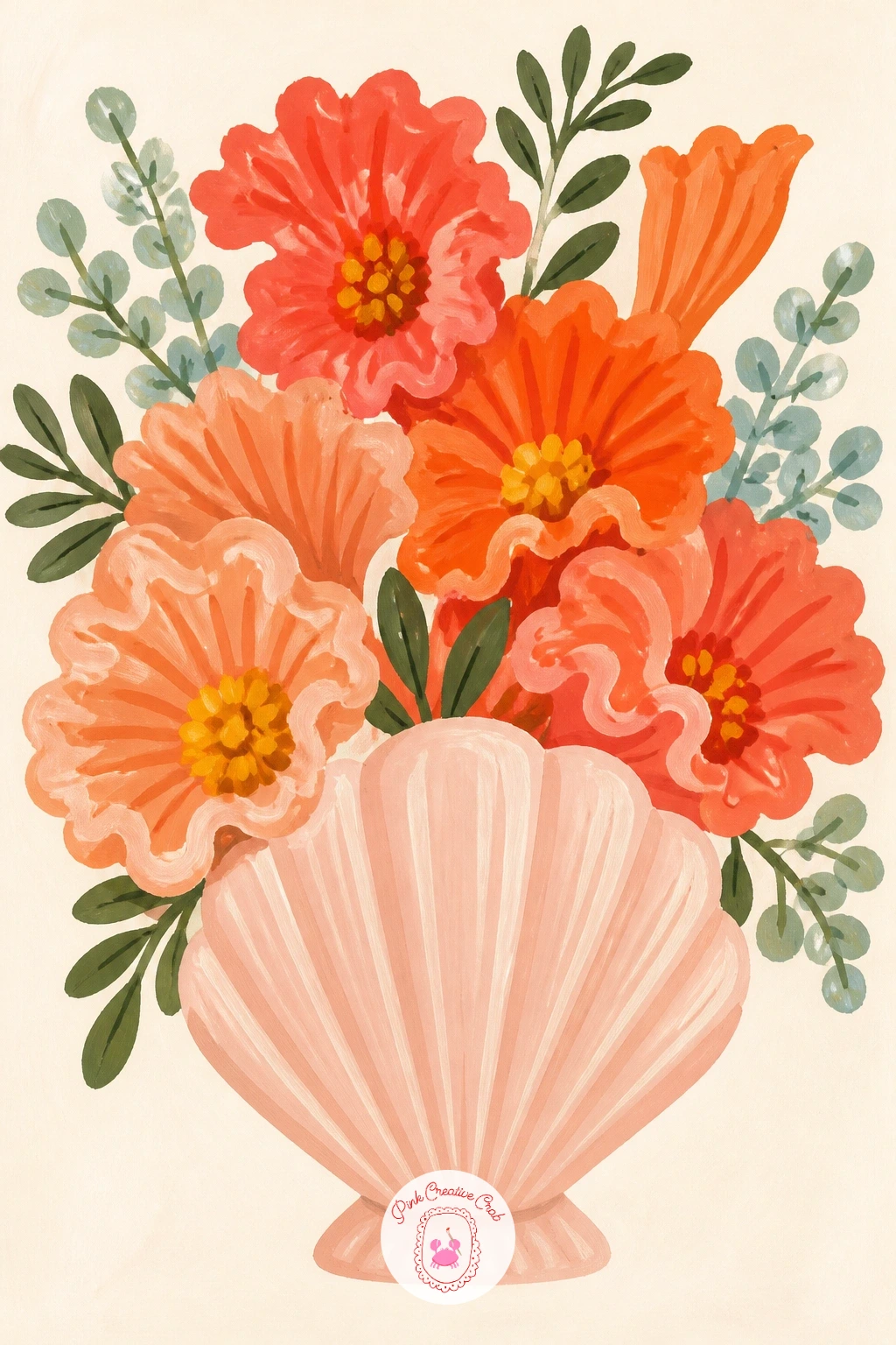 Ceramic Shell Vase With Coral Flowers — Shape the shell vase from one smooth curved form with a few ridged lines radiating from its base, painted in a soft