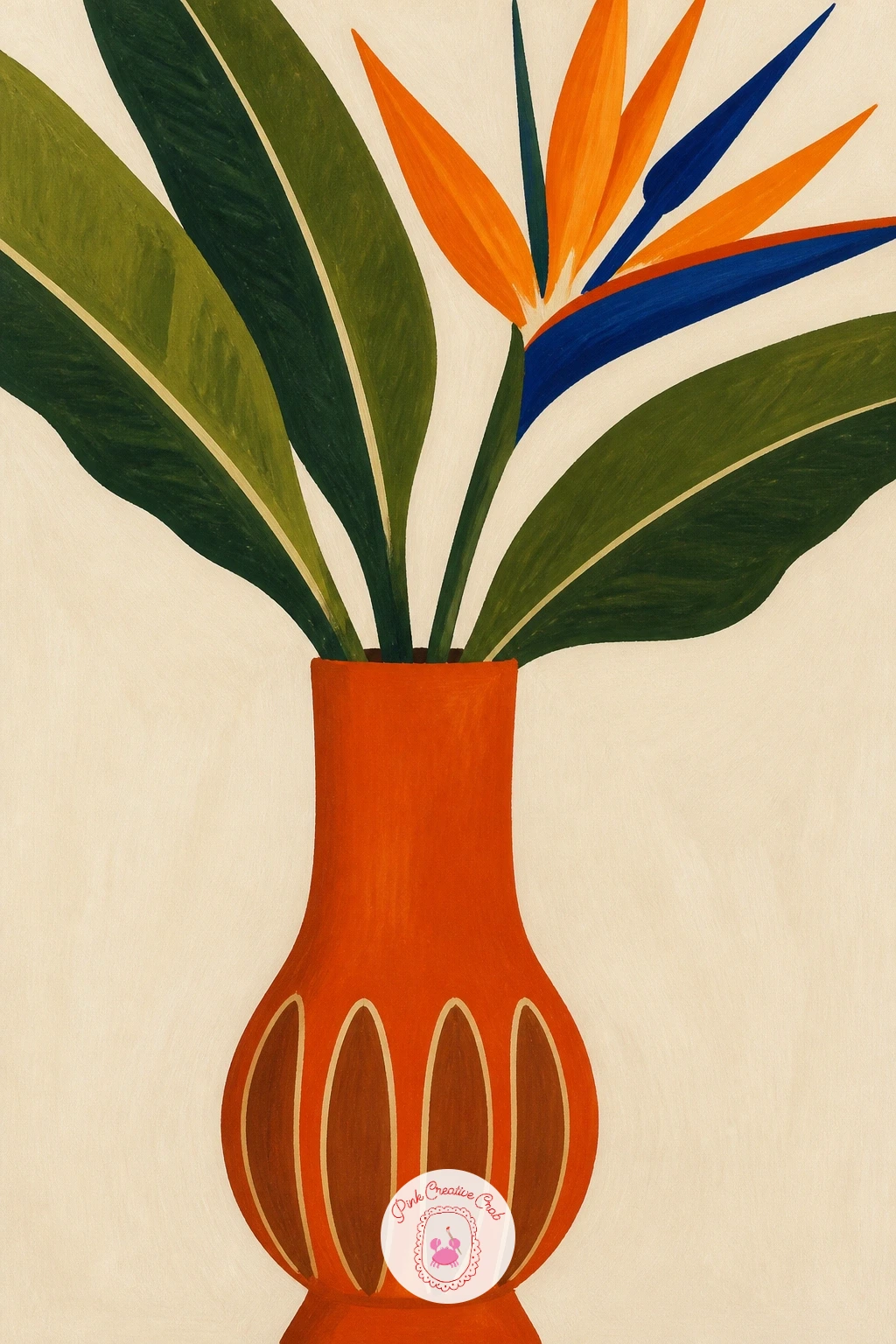 Mid-Century Orange Vase With Bird Of Paradise — Set the eye level low on this one, looking slightly up at a tall mid-century vase, which makes the bird of