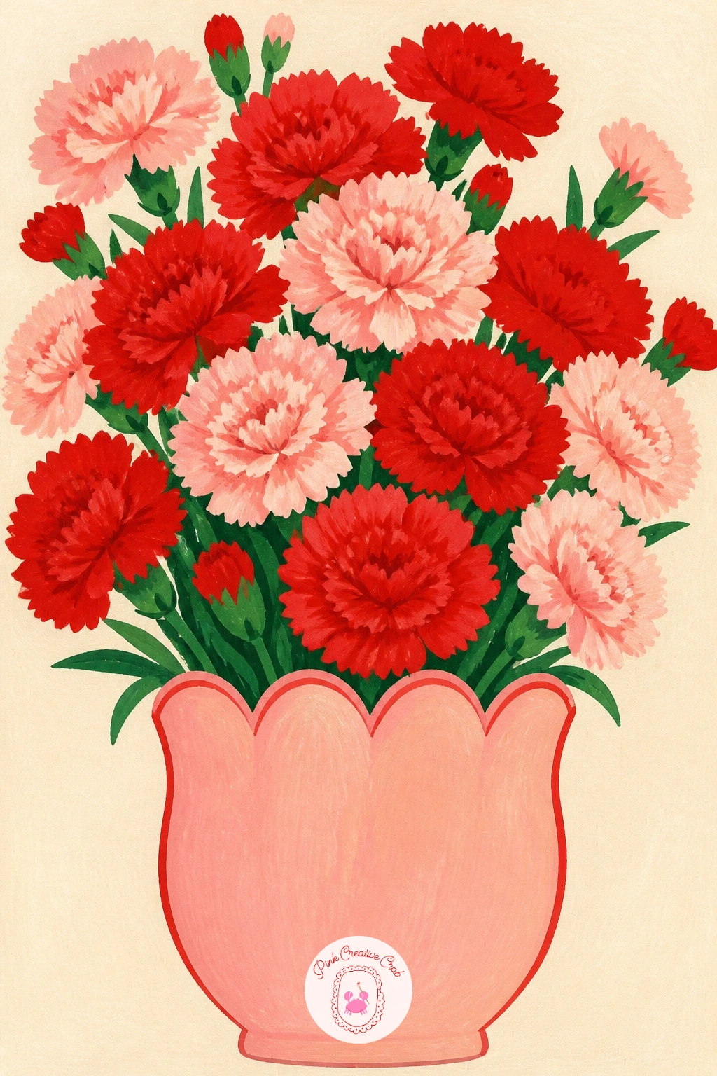 Scalloped Vase With Carnations — Build the scalloped edge first with a row of evenly spaced half-circles along the vase rim, traced lightly with a small coin