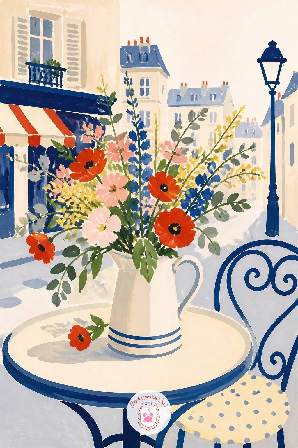 Vase On A Bistro Table In Paris — Set the scene before the flowers take over, a small round bistro table painted as a simple flat circle in cobalt or forest