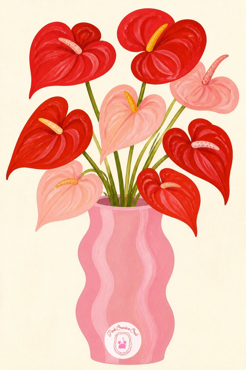 Wavy Pink Vase With Anthuriums — Paint the vase as a tall soft wave, the silhouette curving in and out gently rather than straight-sided, in a warm wavy pink