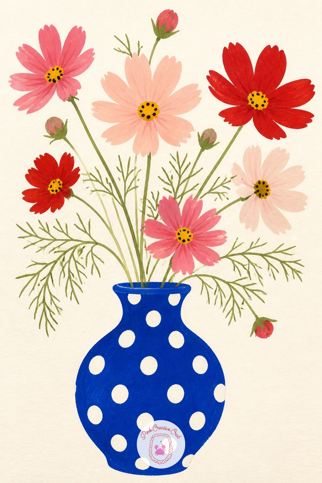 Polka Dot Vase With Cosmos — Lay the dots down with a tool rather than freehand for even spacing, the eraser end of a pencil dipped in paint or the back of a