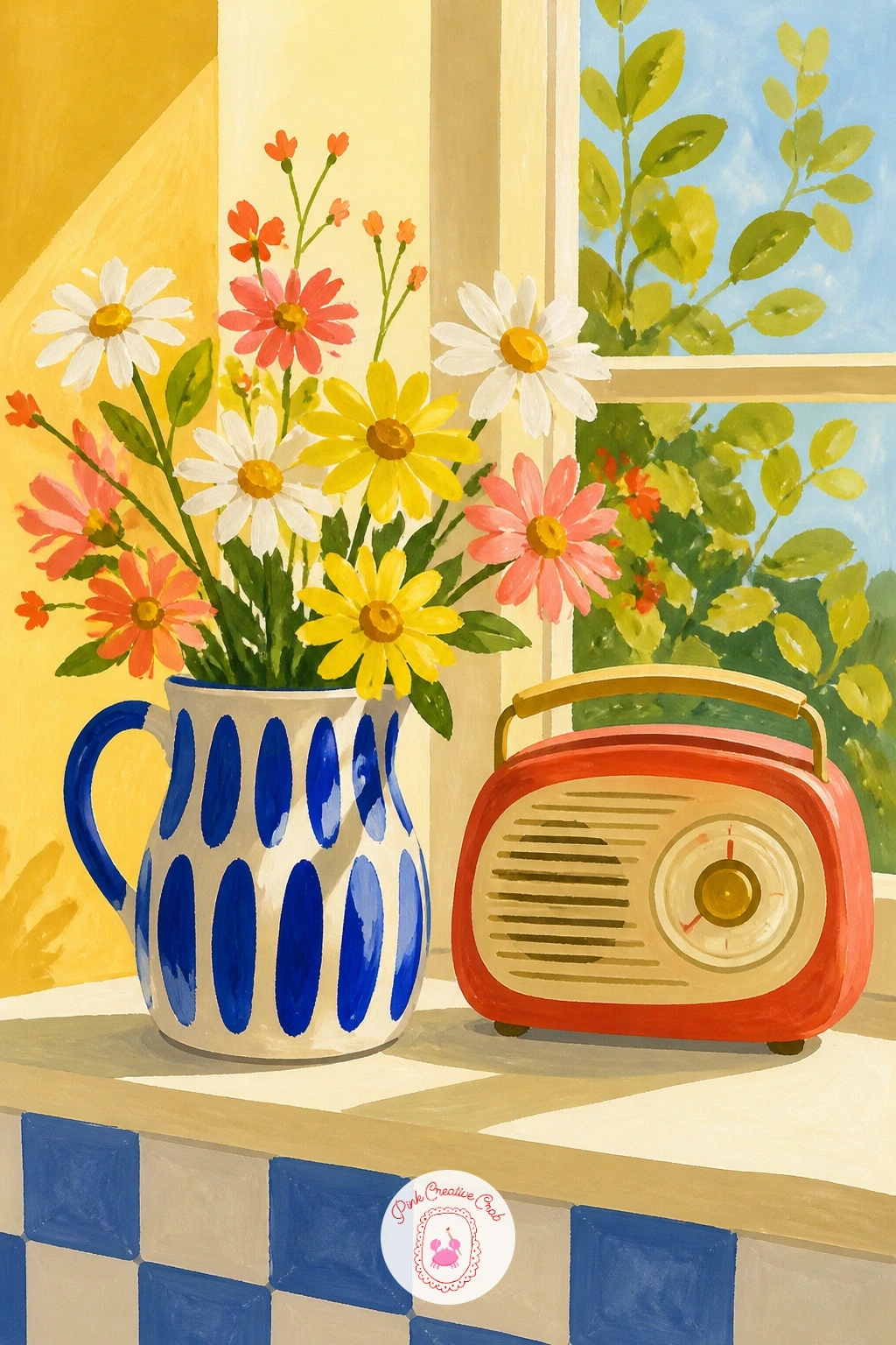 Vase On A Sunny Kitchen Sill Next To A Radio — Build this as a small scene rather than a single object, a simple vase of flowers beside a retro radio shape