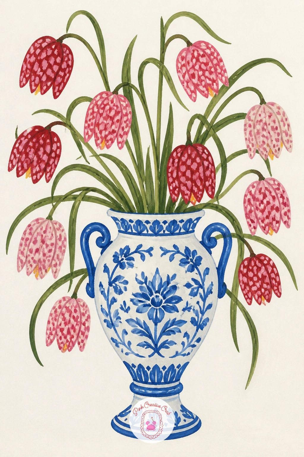 Delft Vase With Fritillaries — Commit to one blue for the whole vase, Delft pattern lives or dies on a single confident cobalt against white, no mixing in