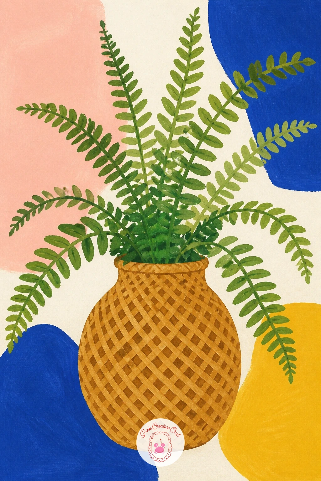 Woven Basket Vase With Ferns — Build the basket texture with short repeated strokes rather than one flat color, a warm tan or butter yellow base with slightly