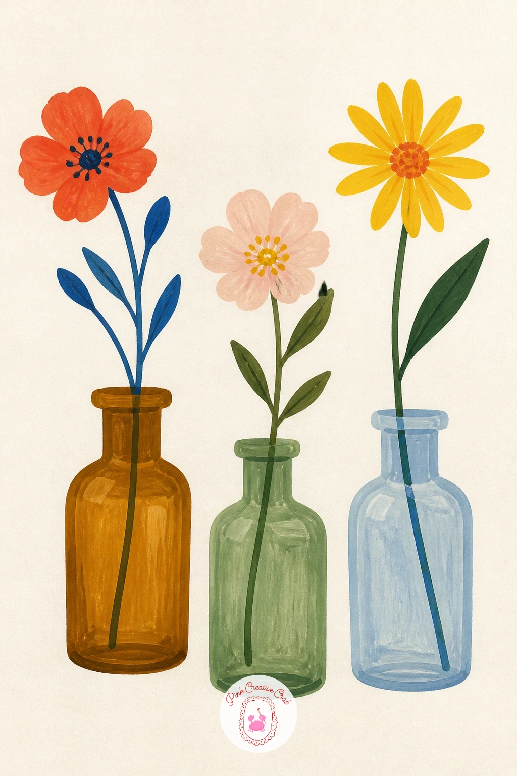 Apothecary Bottles With Single Stems — Line up three small bottles of slightly different heights and shapes, one tall and narrow, one short and round, one with