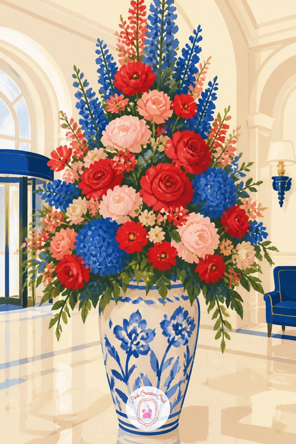 Huge Arrangement In A Hotel Lobby — Scale decides this one, the vase sits low and wide at the base of the frame while the flowers tower up past the top edge