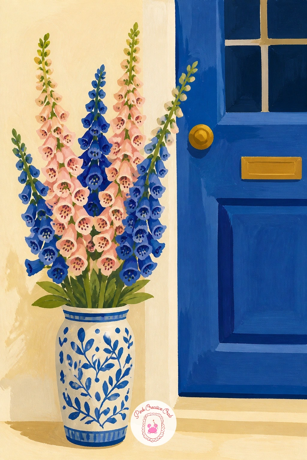 Vase Of Foxgloves By A Front Door — Place a simple vase right beside a painted door edge, a flat panel of color with a doorknob dot and maybe a window pane or