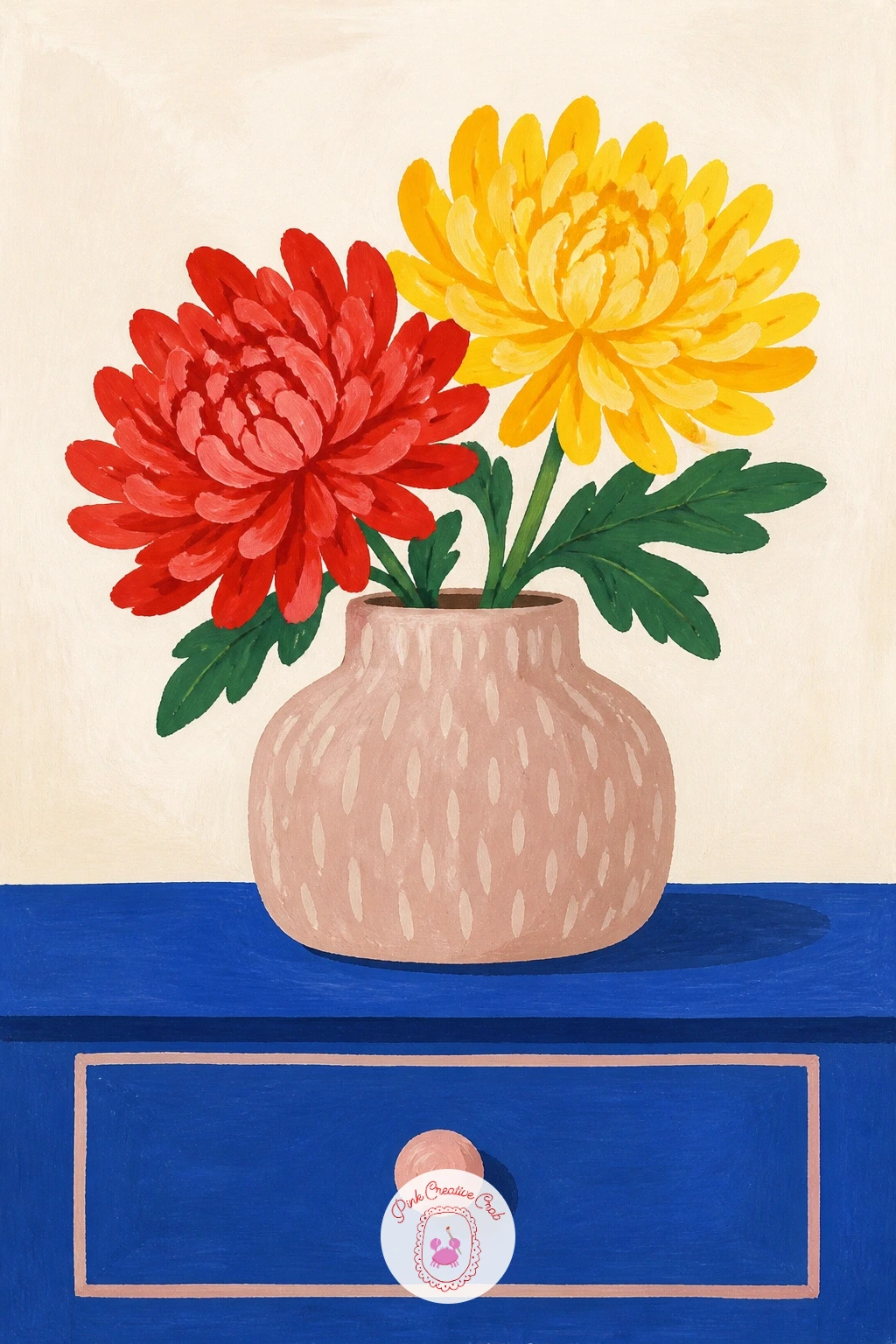 Chrysanthemums On A Dresser — Set the dresser with just a few flat shapes, a drawer line, a small rounded knob, enough to place the vase in a bedroom without