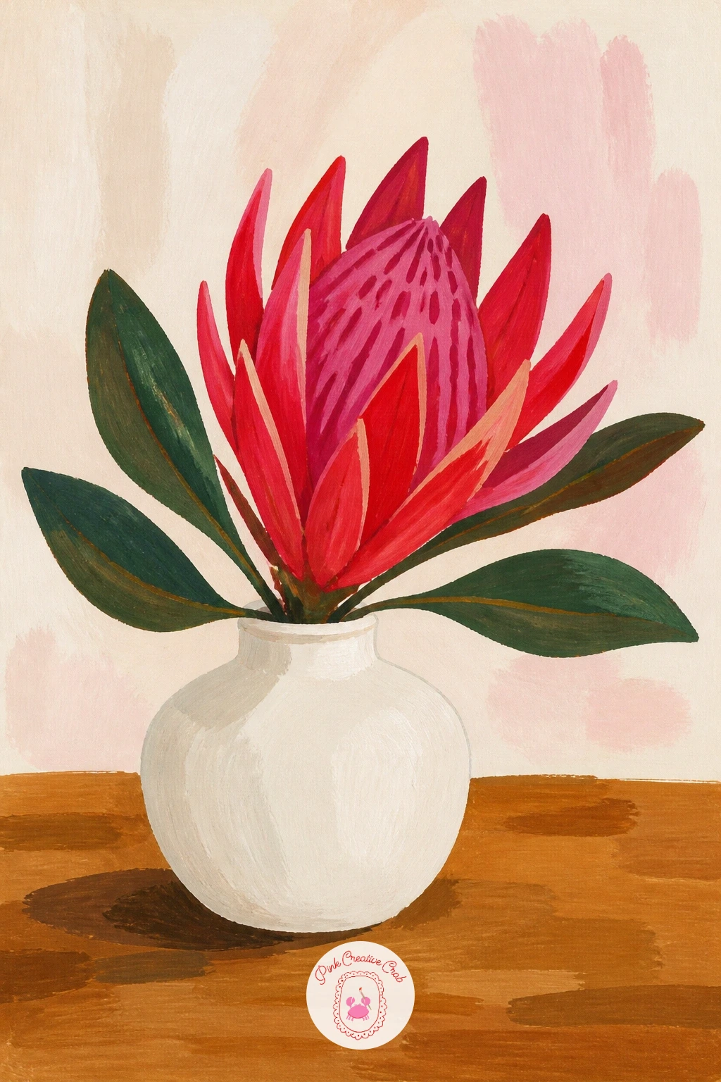 Protea On A Coffee Table — Give the table a simple flat top, a round or rectangular shape in a warm wood tone, with the vase sitting slightly off-center for a