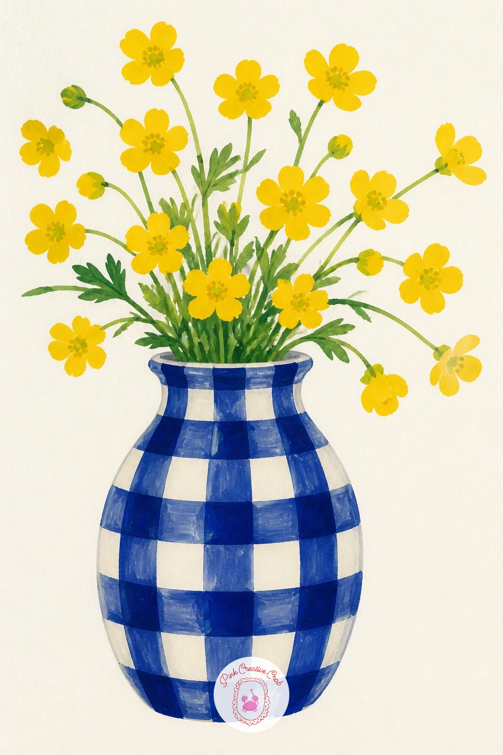 Gingham-Painted Vase With Buttercups — Paint the gingham pattern in careful stages rather than all at once, first a grid of pale cobalt vertical and horizontal