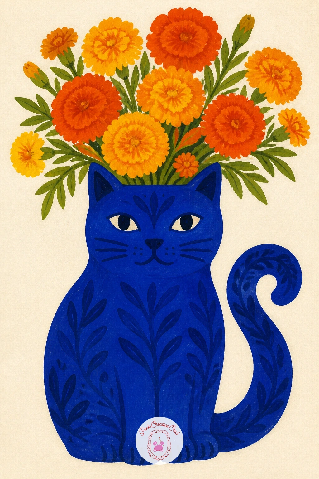 Cat-Shaped Ceramic Vase With Marigolds — Shape the cat vase as one smooth seated silhouette, pointed ears, a curled tail wrapping around its base, two simple