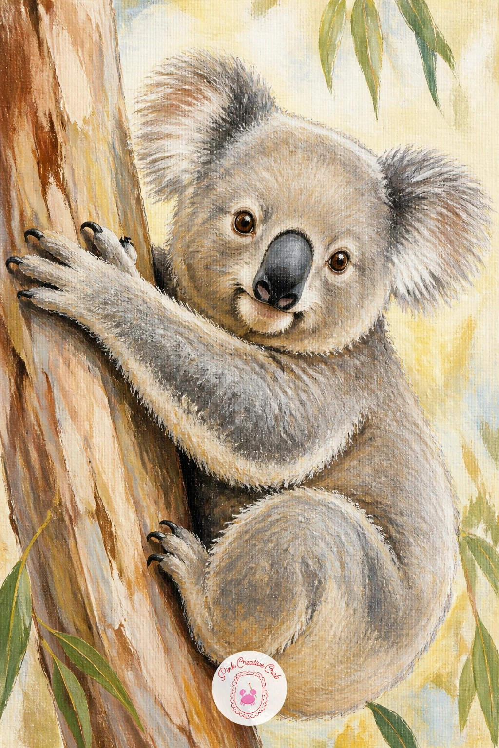Koala Hugging Eucalyptus Trunk — Start the whole list with a koala hugging a eucalyptus trunk, since the pose does half the work for you. Koala painting