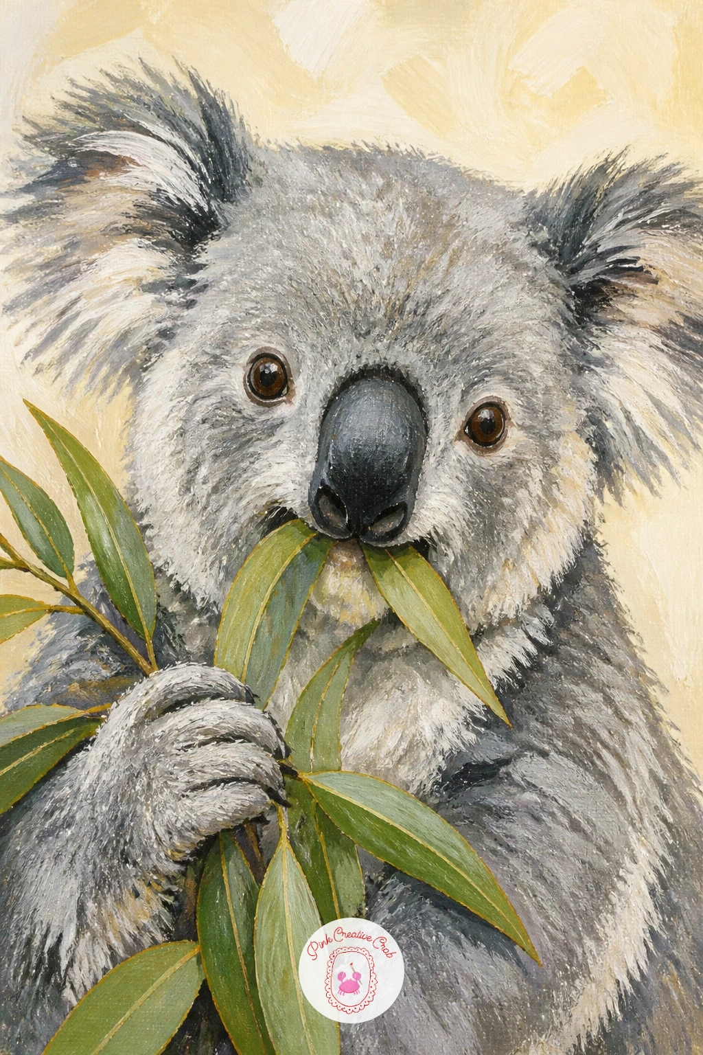 Koala Munching Eucalyptus Leaves — Move into action with a koala munching eucalyptus leaves, a pose that lets you have fun with the leaves as much as the fur.