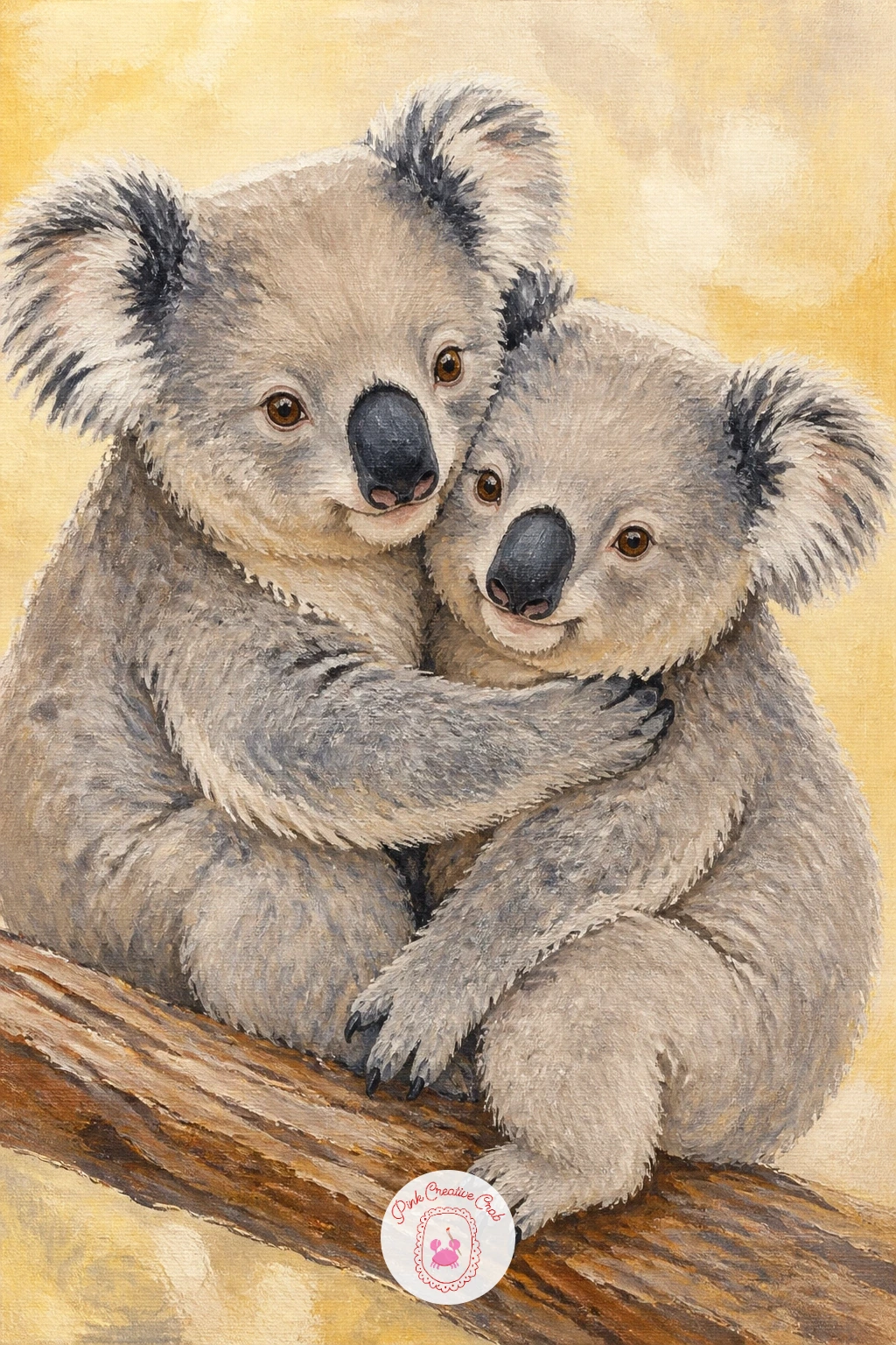 Two Koalas Cuddling — Build on the single-koala poses with two koalas cuddling, side by side with their heads tipped toward each other. Koala painting