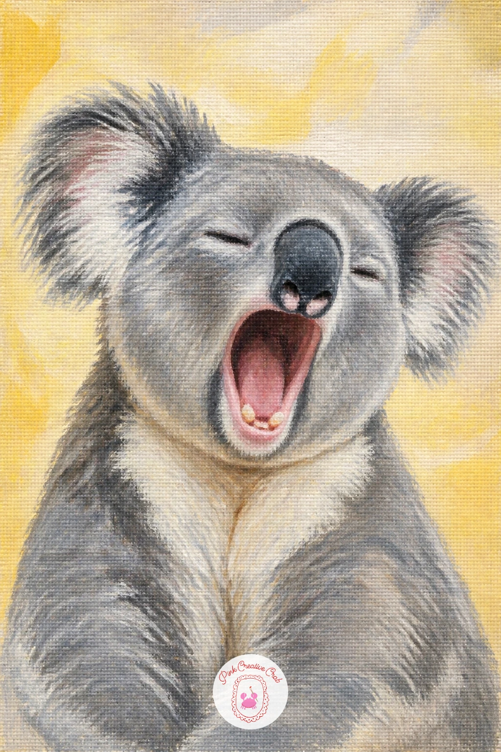 Koala Yawning — Try a bit more expression with a koala yawning, a pose that lives entirely in the open mouth and squeezed eyes. Koala painting