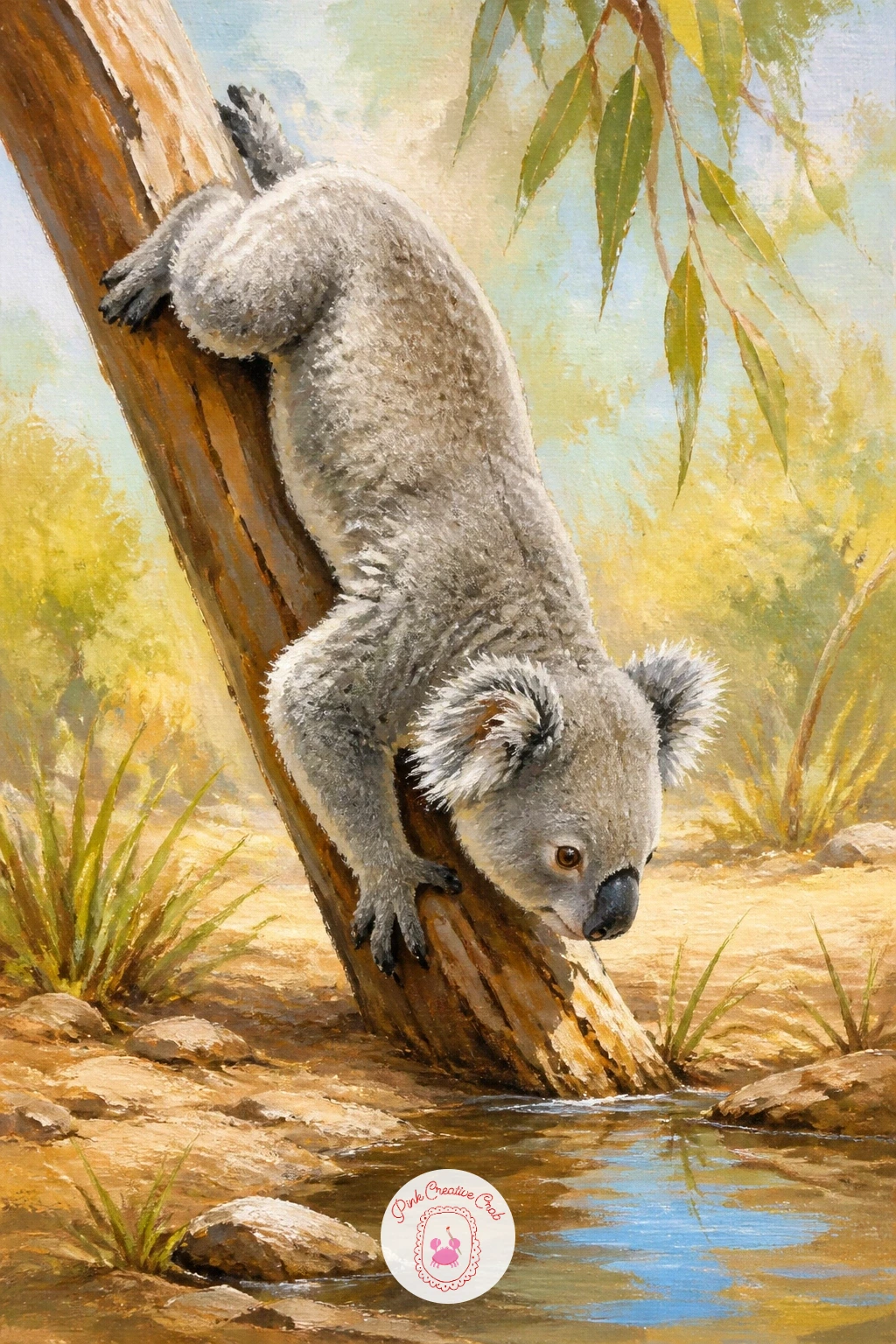 Koala Climbing Down for a Drink — Add a sense of motion with a koala climbing down for a drink, reaching one paw toward a small puddle or waterhole at the base