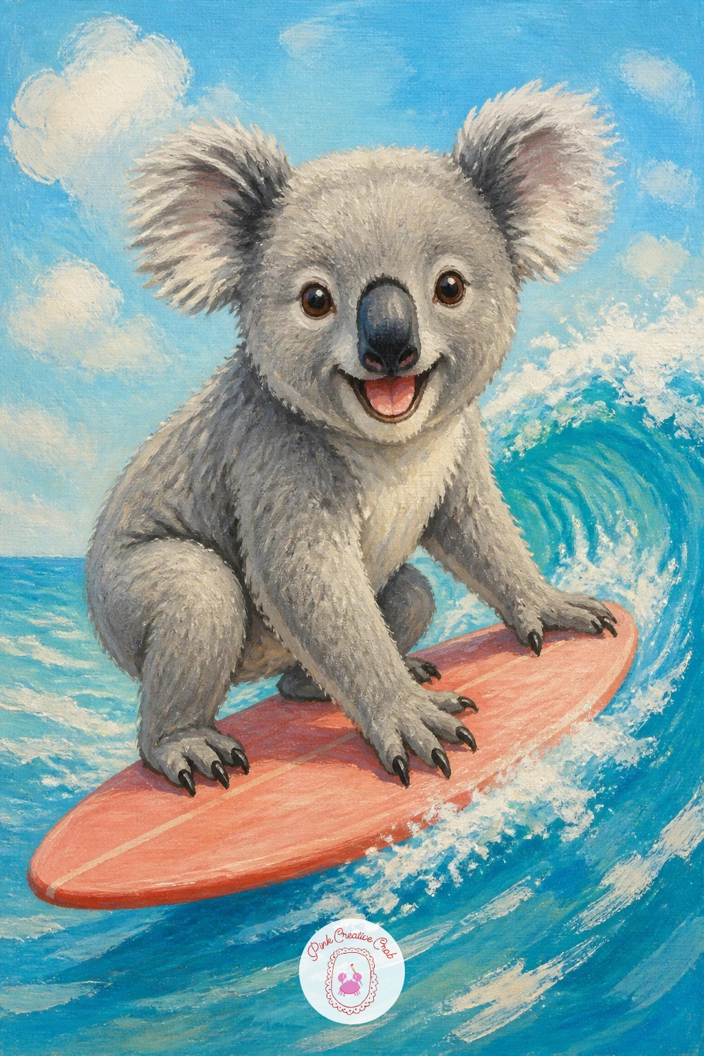 Koala on a Surfboard — Bring in some travel humor with a koala on a surfboard, paws braced and ears pinned back as if catching a wave. Koala painting