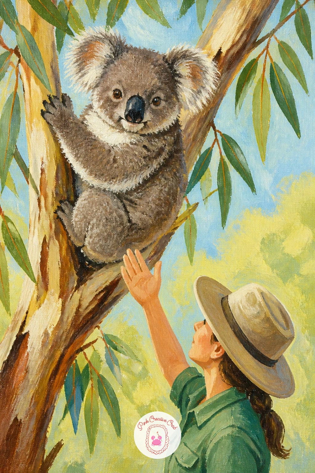 Koala in a Tree Beside a Wildlife Carer — Give the koala section a gentle finish with a koala in a tree beside a wildlife carer, a small scene that pairs the