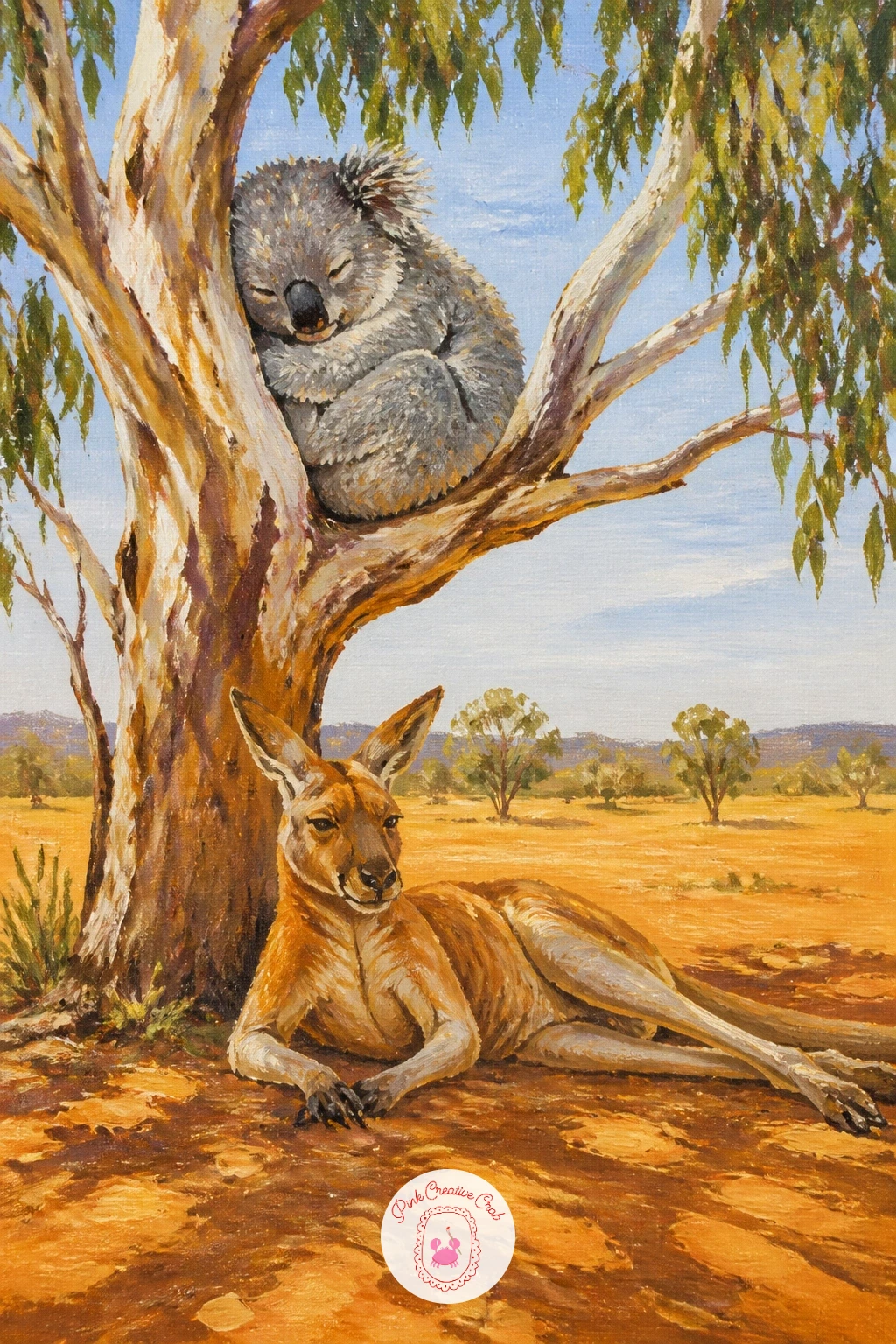 Koala and Kangaroo Sharing Shade — Move the story outward with a koala and a kangaroo sharing shade under one gum tree, your first scene pairing two different