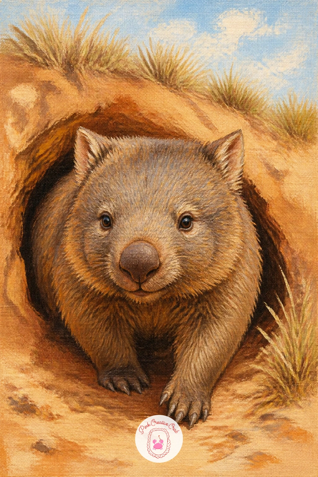 Wombat at Its Burrow — Settle into a quieter mood with a wombat at its burrow, a stout rounded body half emerging from a dark earthy opening. Koala painting