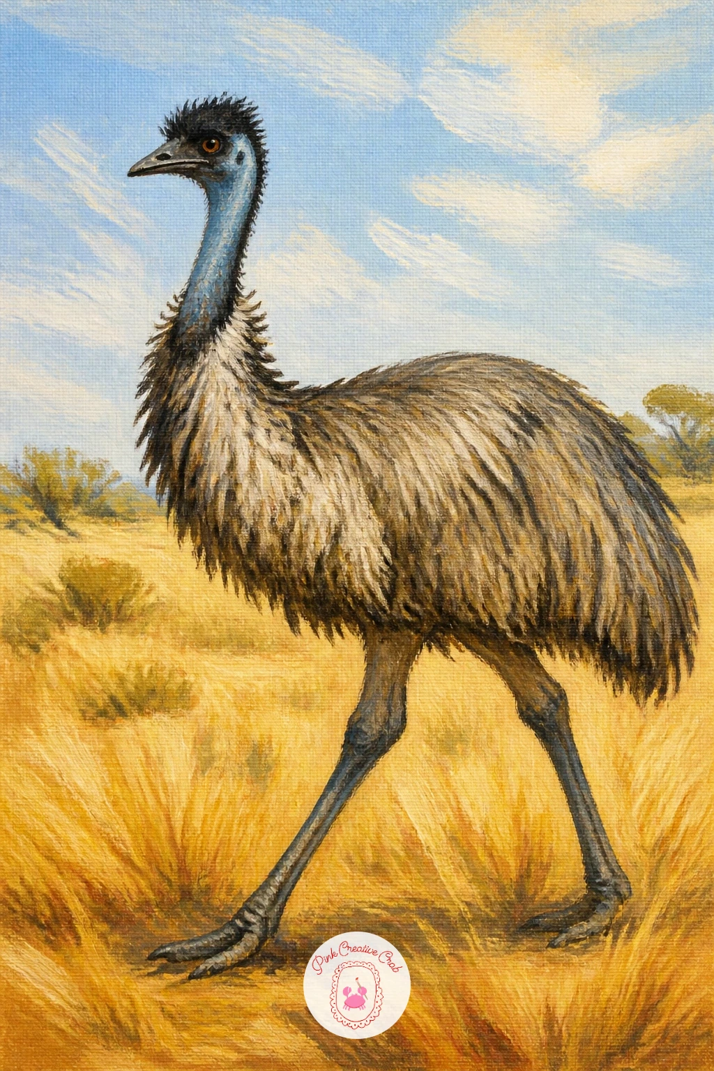 Emu Striding Through Grass — Change pace with an emu striding through grass, a tall bird best built from the legs up. Koala painting