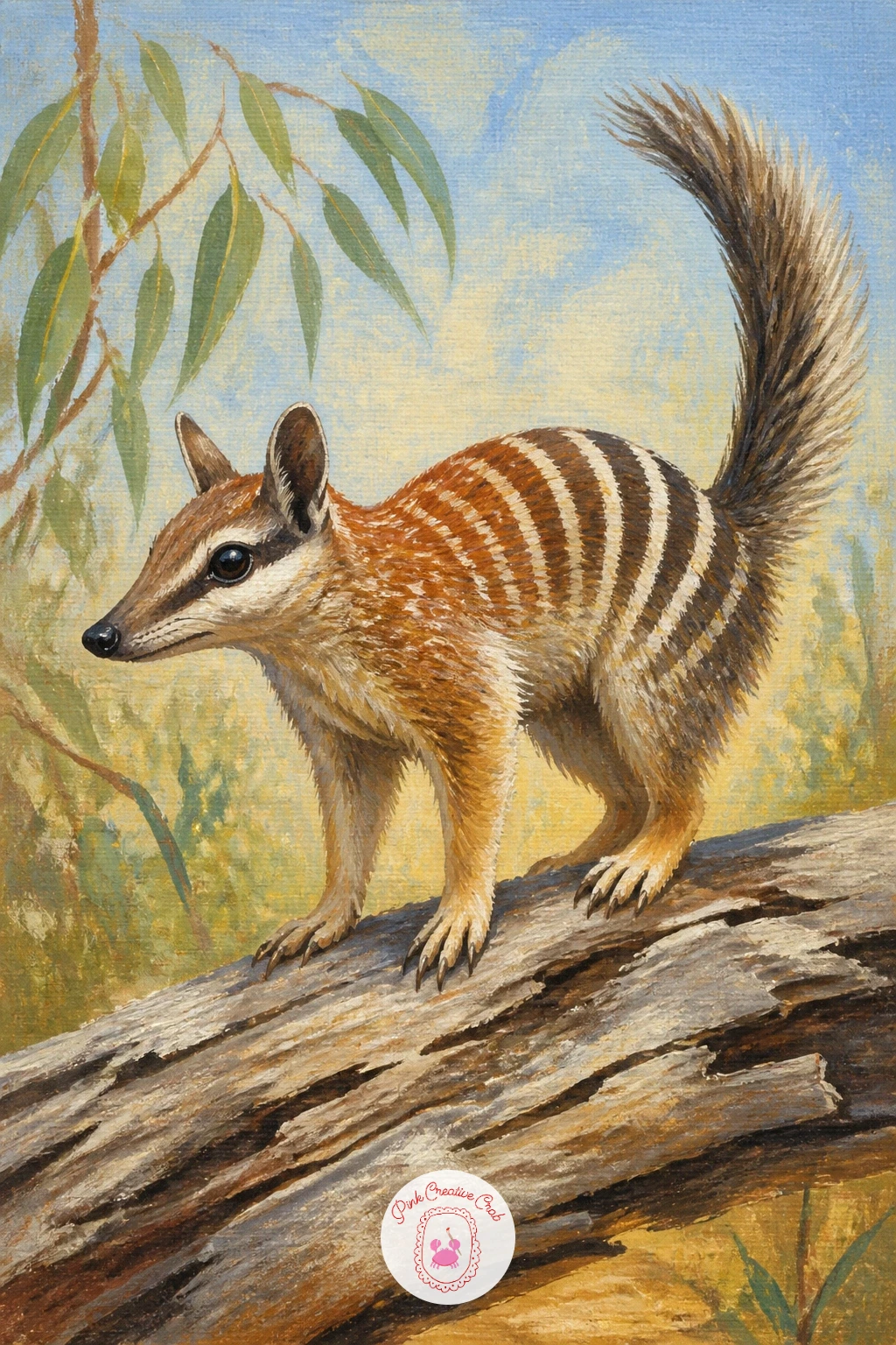 Numbat on a Log — Keep the smaller creatures coming with a numbat on a log, a striped little marsupial perched on weathered timber. Koala painting