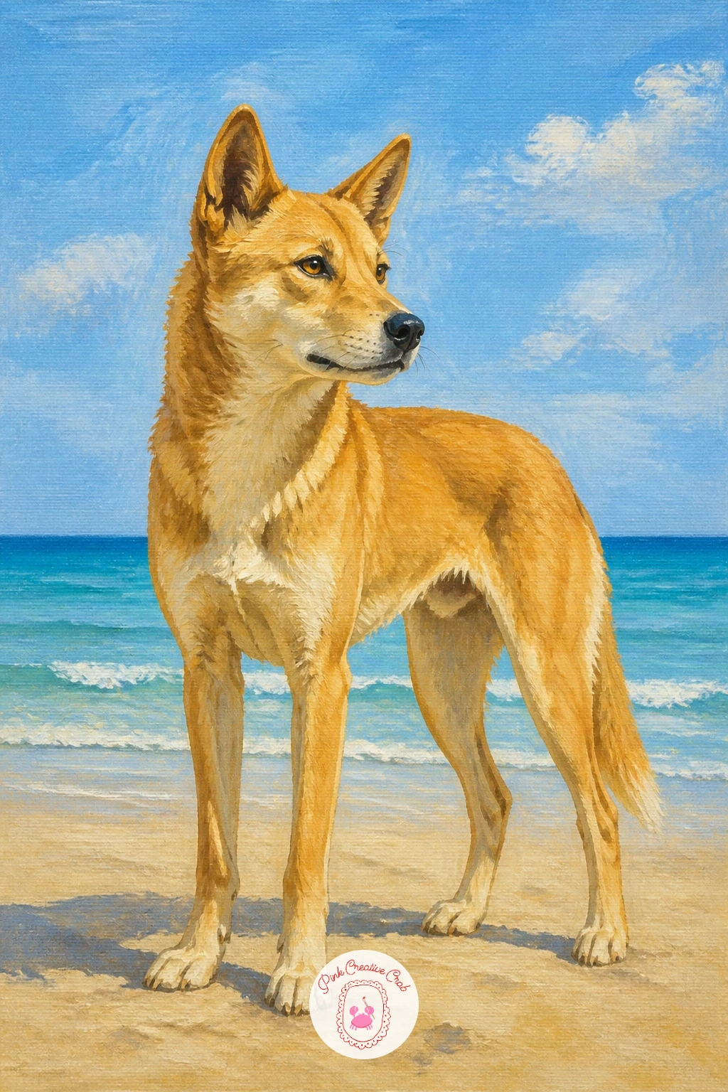 Dingo on a Beach — Bring the wild dog to the coast with a dingo on a beach, standing alert with the sea behind it. Koala painting