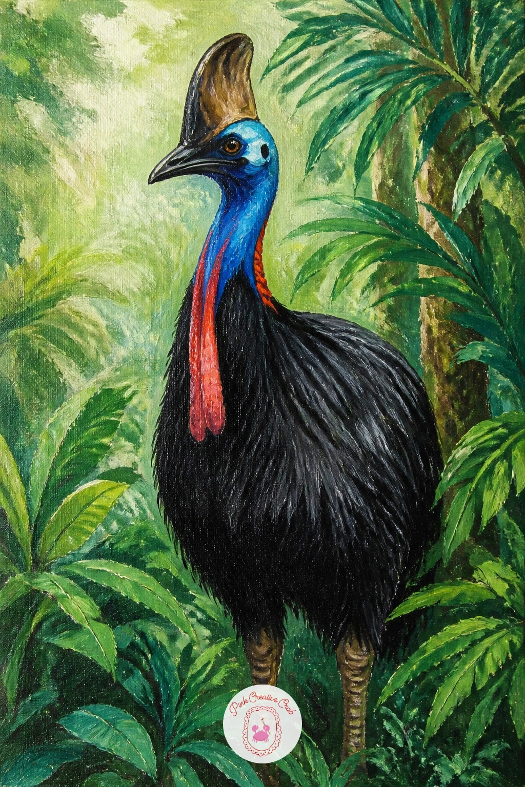 Cassowary in a Rainforest — Shift into denser color with a cassowary in a rainforest, a tall striking bird that gives you a chance to paint a richer green