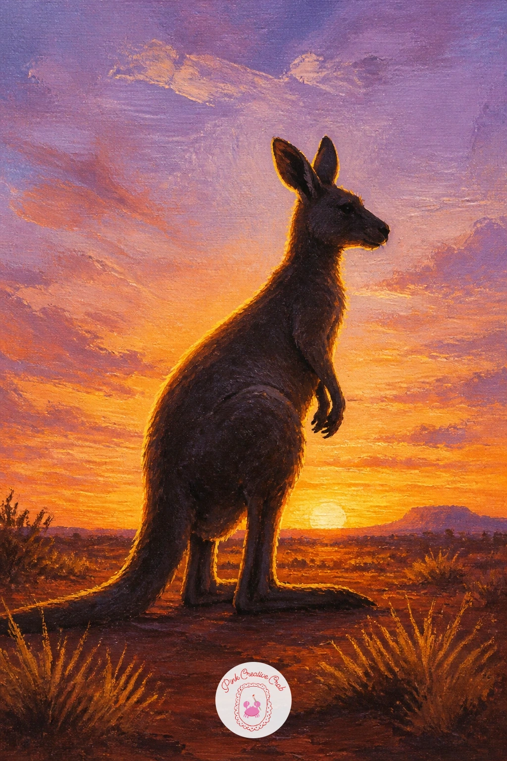 Kangaroo at Sunrise in the Outback — Bring back warm light with a kangaroo at sunrise in the outback, standing tall against a glowing horizon. Koala painting