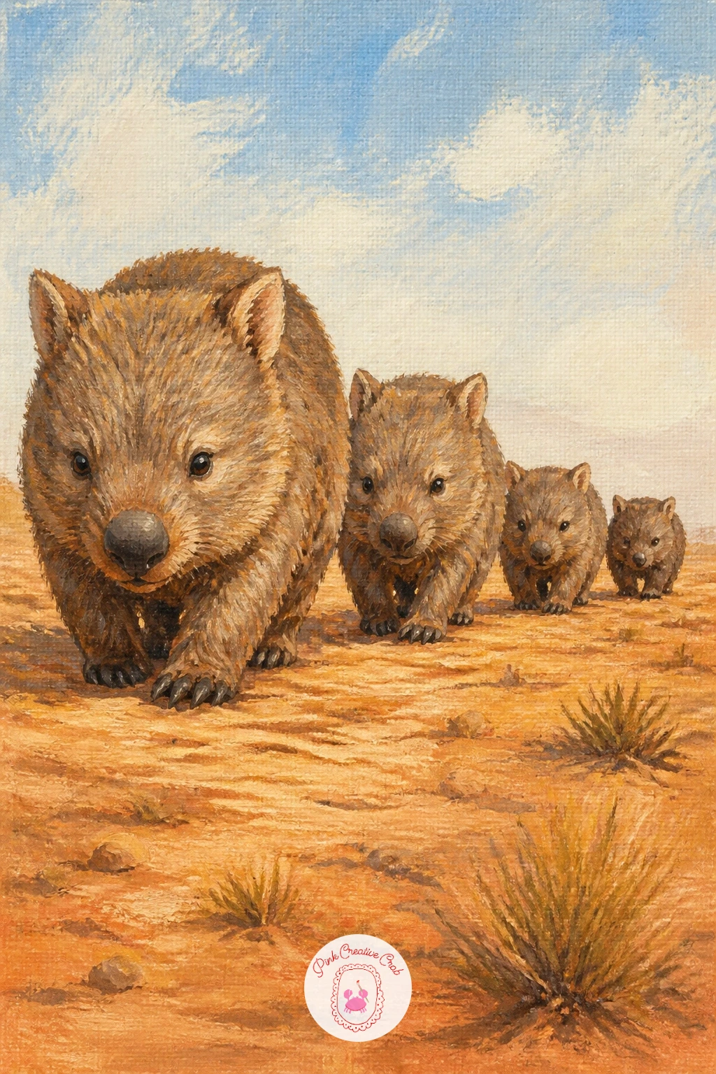 Wombat Family Walking in a Line — Close the list with a wombat family walking in a line, a gentle group scene that pulls together several of the fur and