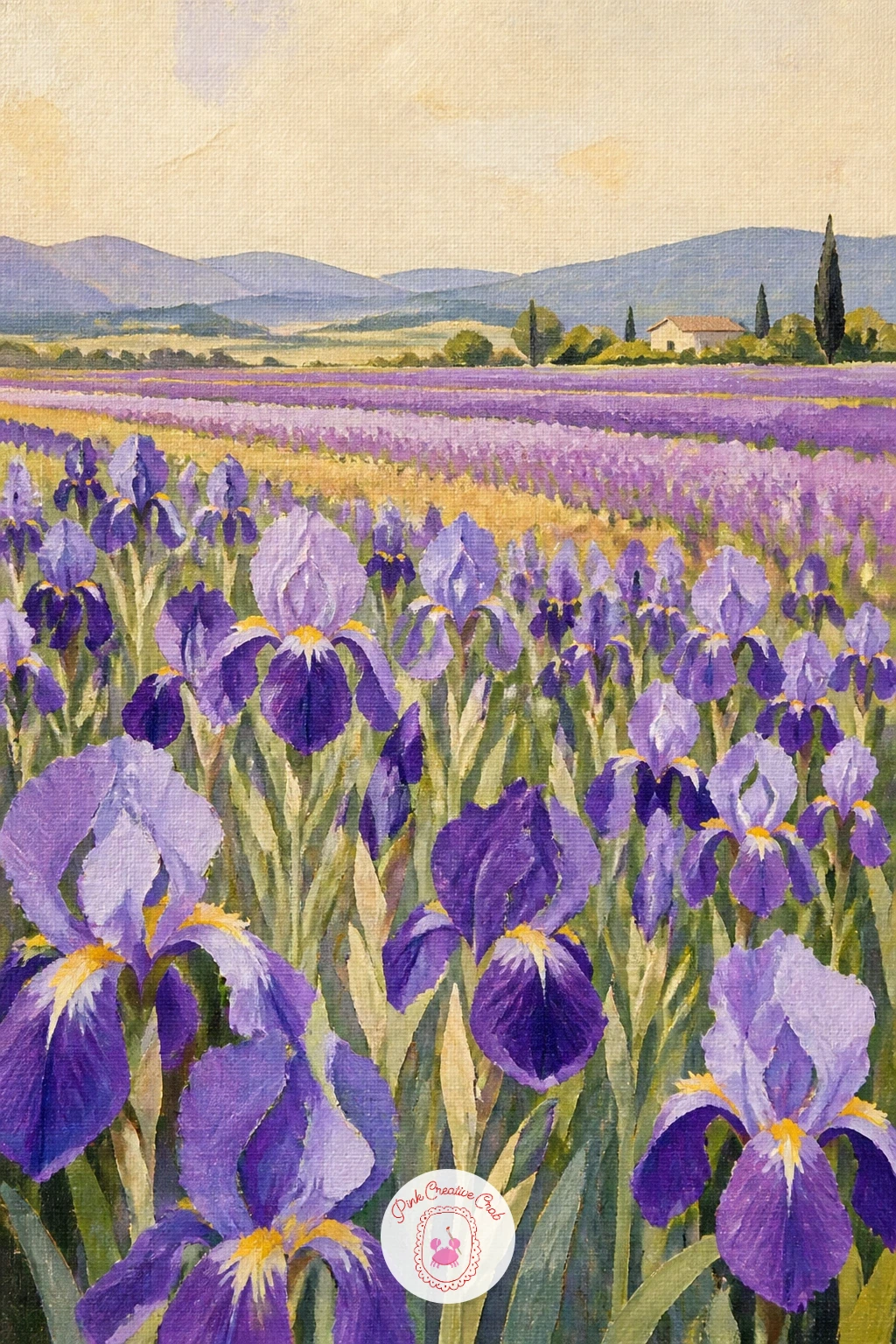 A Field Of Irises In Provence — A field of irises in Provence turns the single flower into a landscape, so this one starts top-down: block a pale sky strip