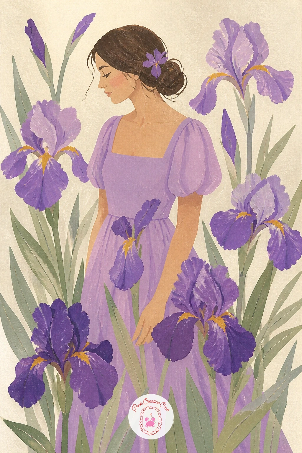 A Girl In A Lilac Dress Among Irises — A girl in a lilac dress among irises adds a figure to the garden scene without needing a full portrait, since she can