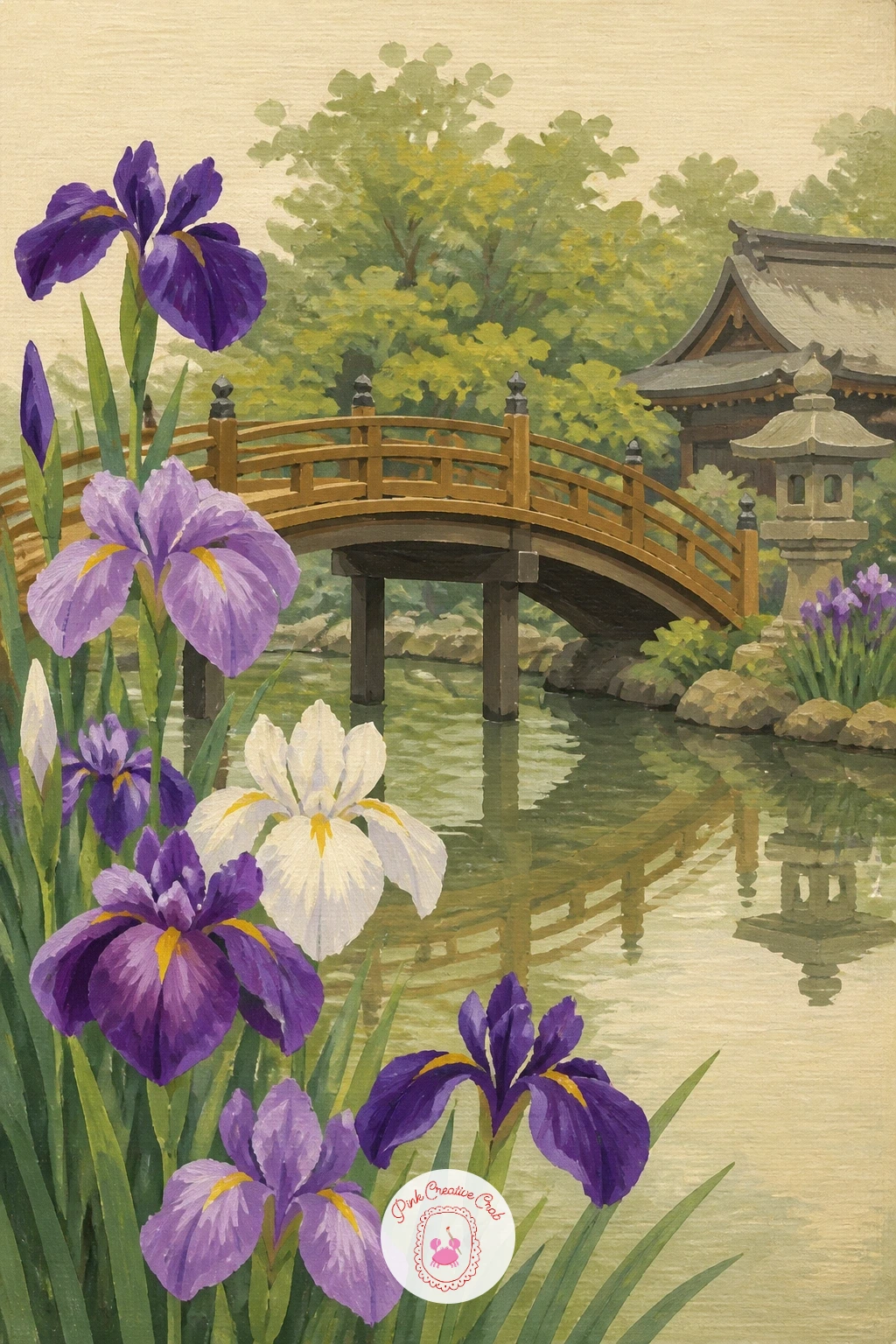 Japanese Irises At A Shrine Garden With A Wooden Bridge — Japanese irises at a shrine garden with a wooden bridge lets you borrow a classic composition: a