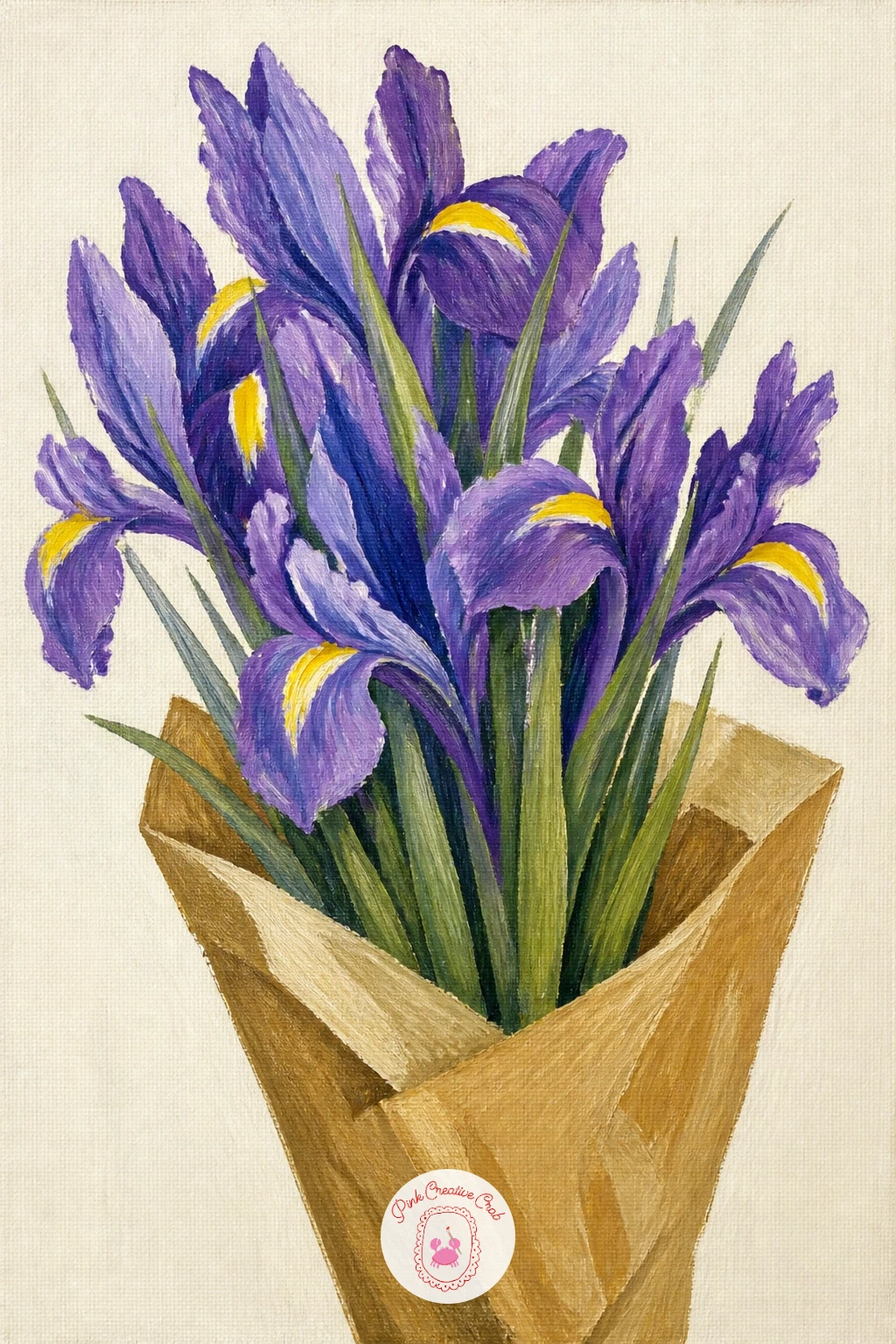 A Bunch Of Dutch Irises At A Market — A bunch of Dutch irises at a market gives you a chance to paint a hand-tied bundle, paper wrap and all, which reads as a