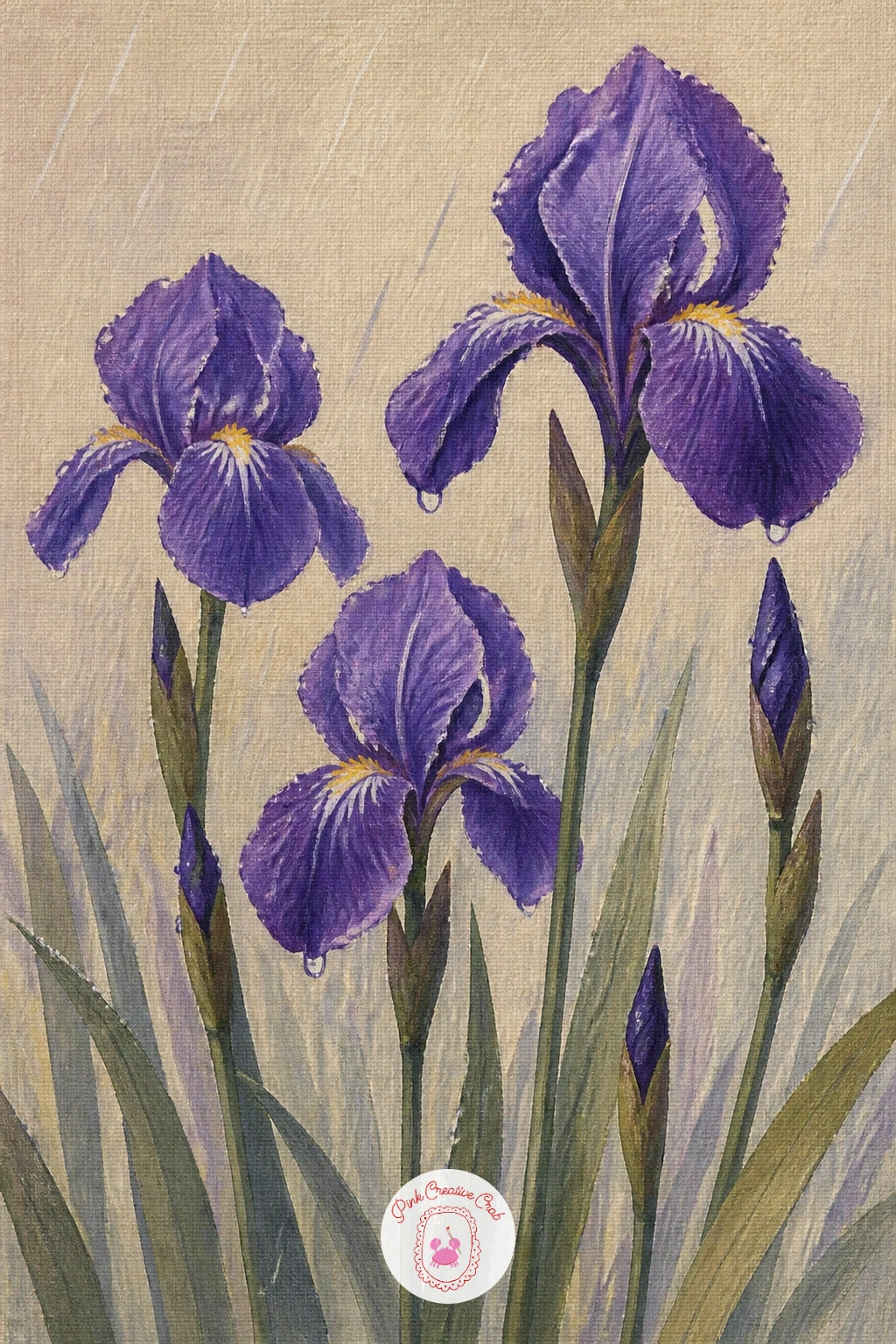 Irises In The Rain — Irises in the rain borrows the same violet blooms you already know and adds a mood shift, so the main new skill here is light: paint the