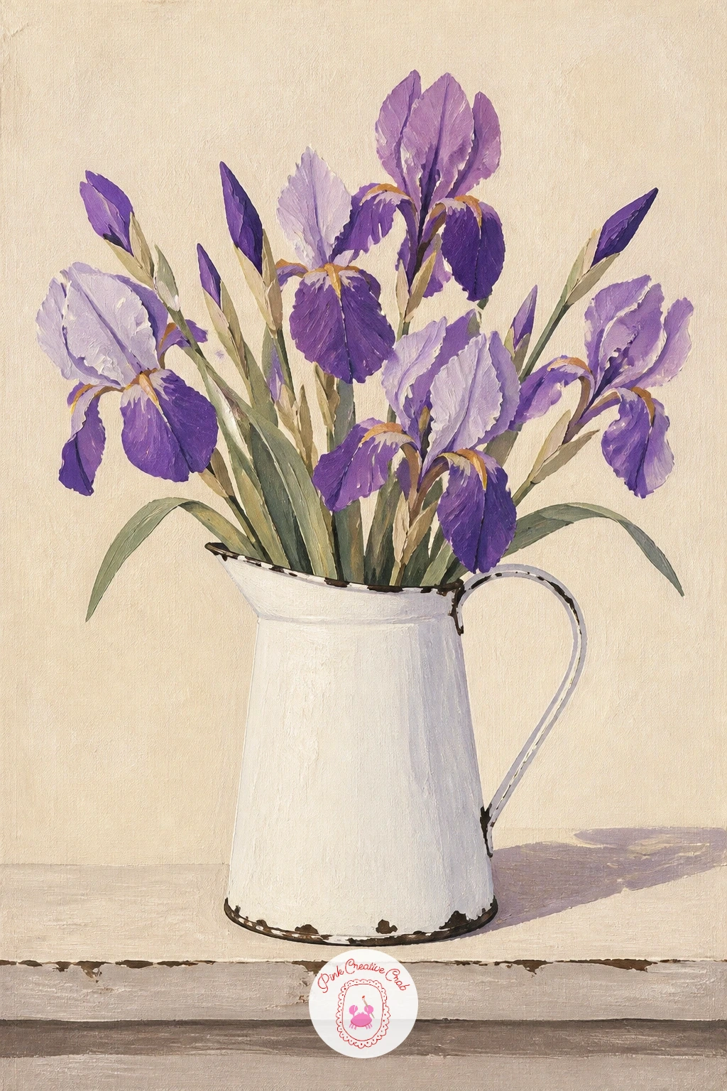 Irises In A White Enamel Jug On A Porch — Irises in a white enamel jug on a porch brings a farmhouse feel, and the jug itself is the part worth slowing down