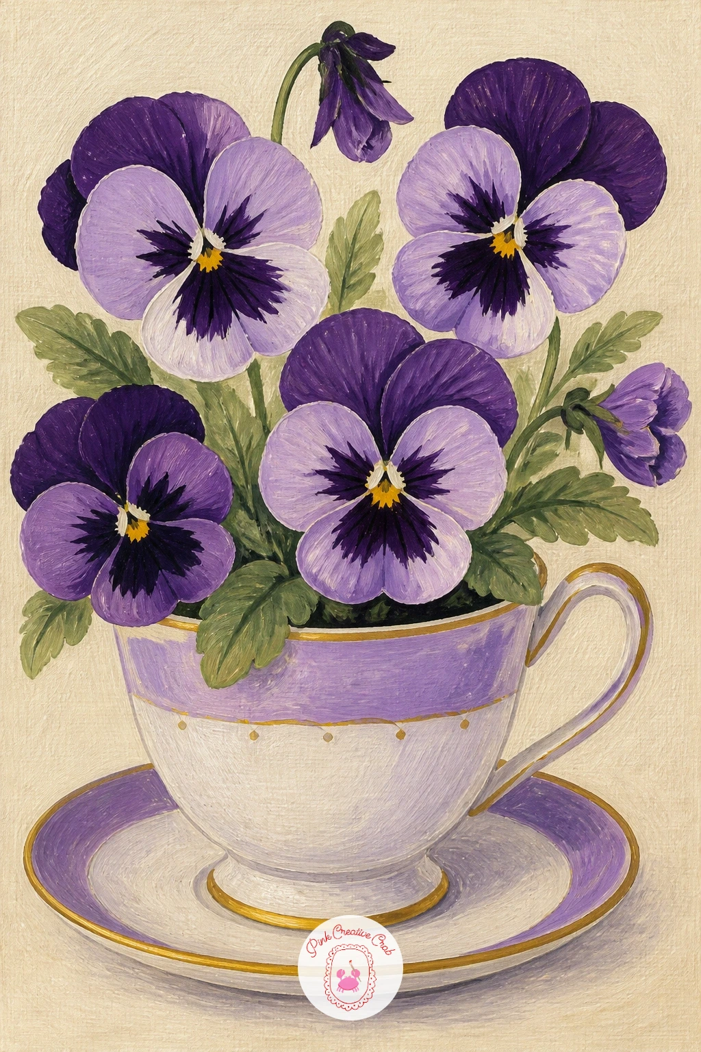 Purple Pansies In A Teacup — Purple pansies in a teacup pairs a flower with a small domestic object, and the teacup is worth getting right since it carries