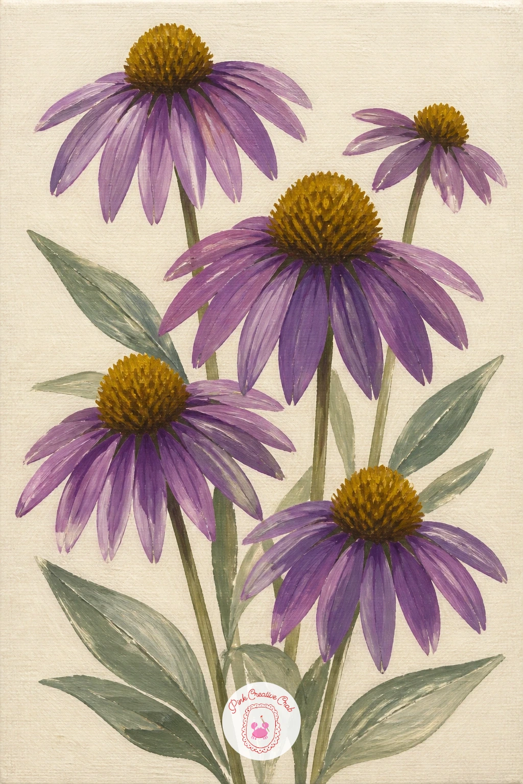 Purple Coneflowers — Purple coneflowers move the eye to a bolder, daisy-like shape after the softer verbena clusters, with a strong central cone that anchors
