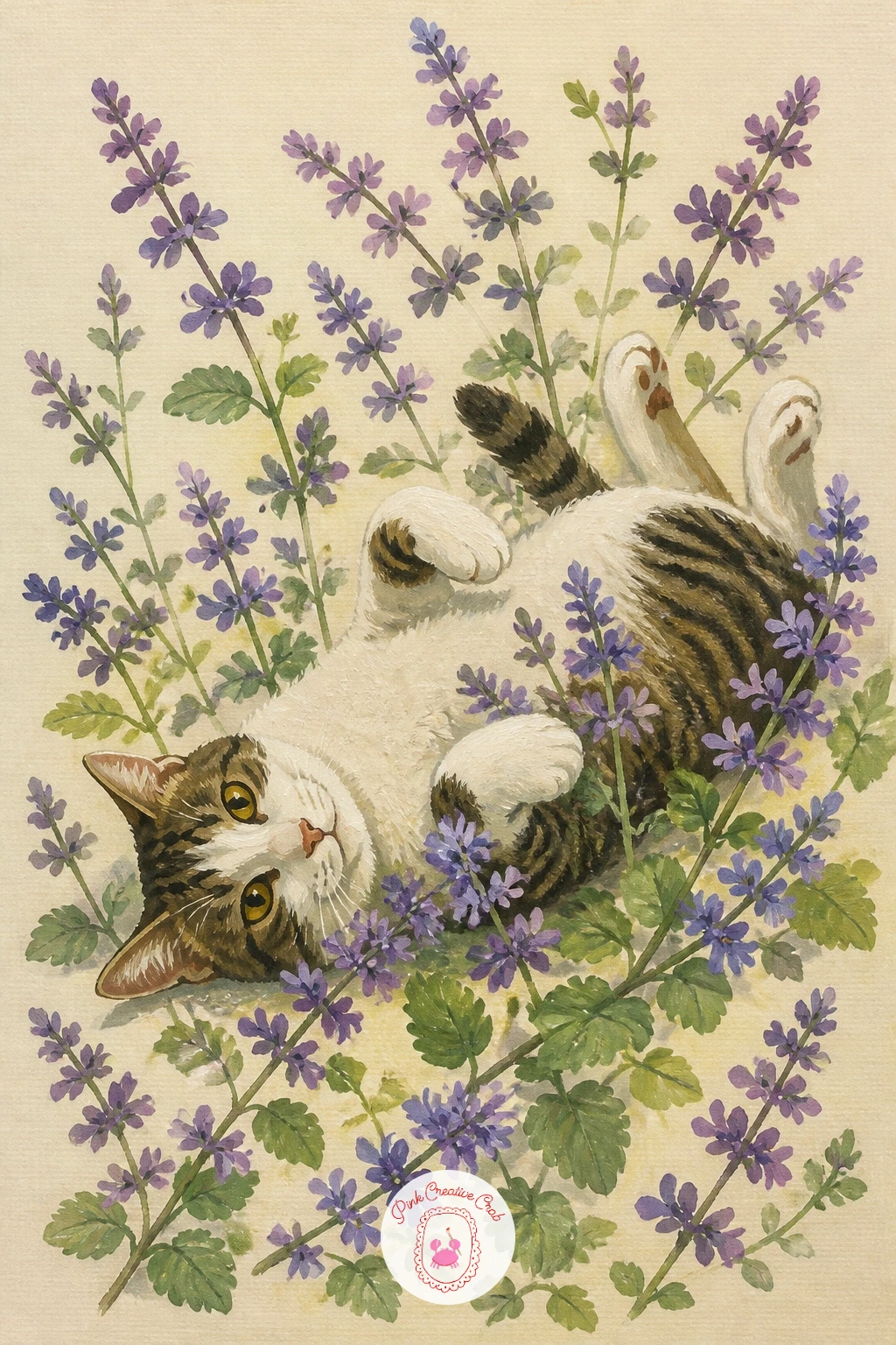 A Cat Rolling In Catmint — A cat rolling in catmint brings a bit of humor into the garden theme, and the trick is to keep the cat simple so it does not turn