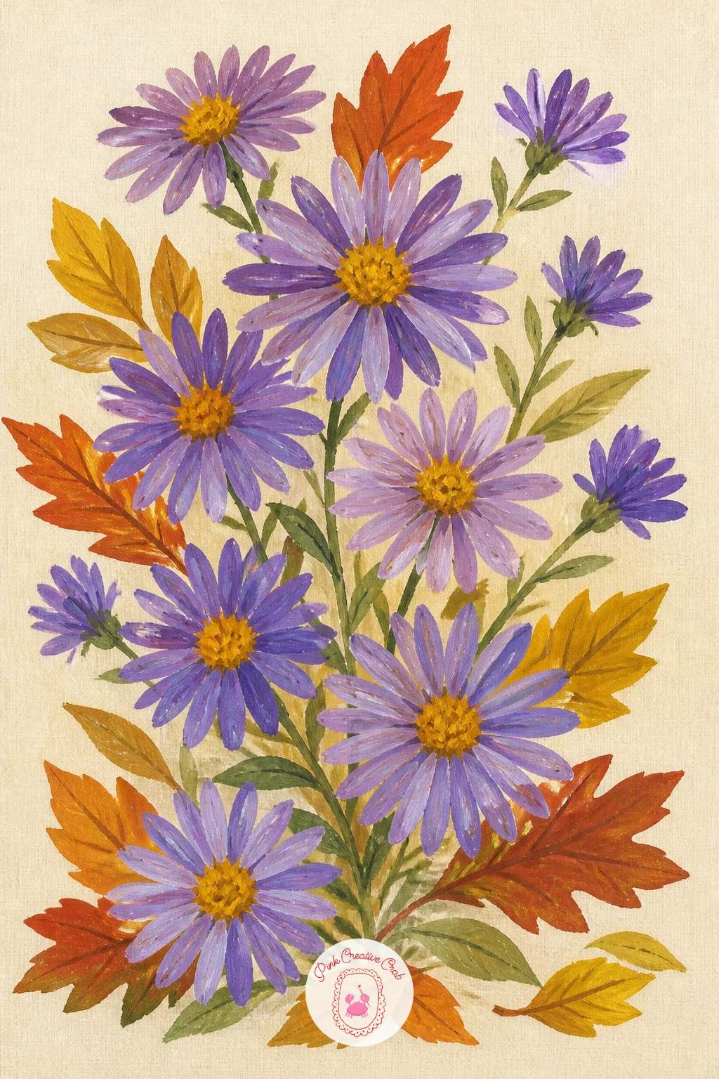 Purple Asters In Autumn — Purple asters in autumn carry the palette into a warmer season, so pair the familiar violet petals with mustard, rust and deeper sage