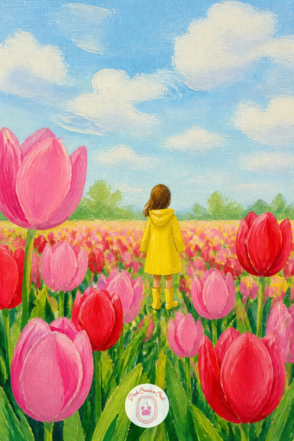 Girl In A Yellow Raincoat Among Tulips — Girl in a yellow raincoat among tulips works well as a next step once a plain field feels easy, since now you are
