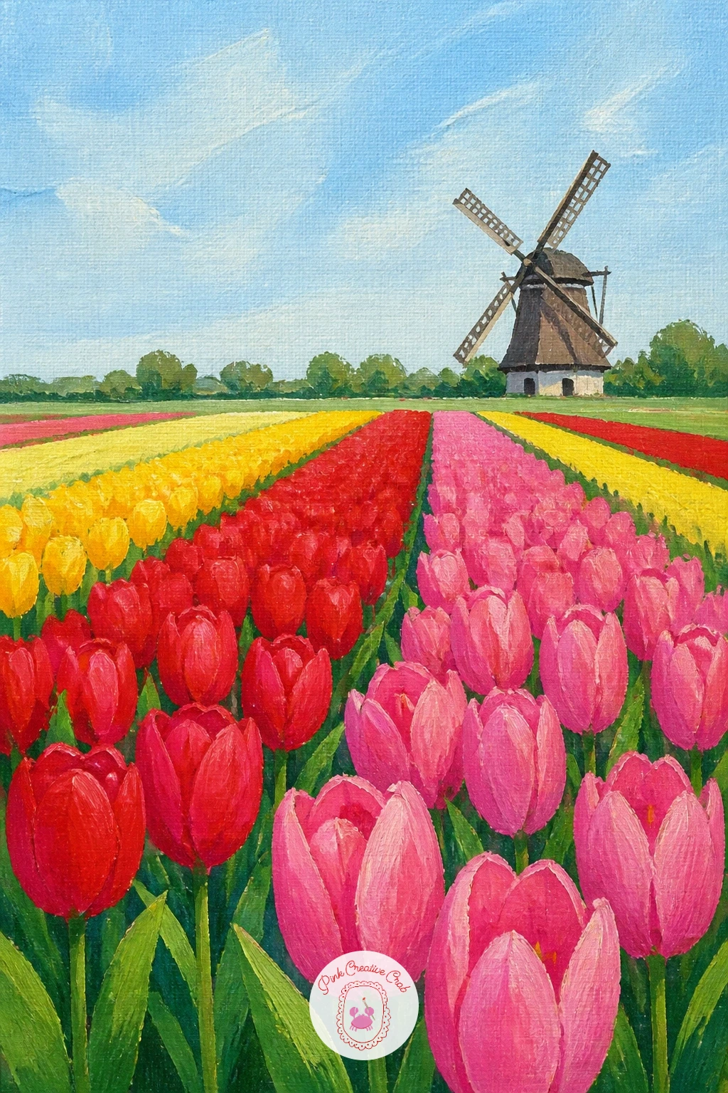Dutch Tulip Field With Windmill — Start big and simple: block in a pale sky with a flat brush, then a thin strip of windmill-dotted horizon, before any tulips