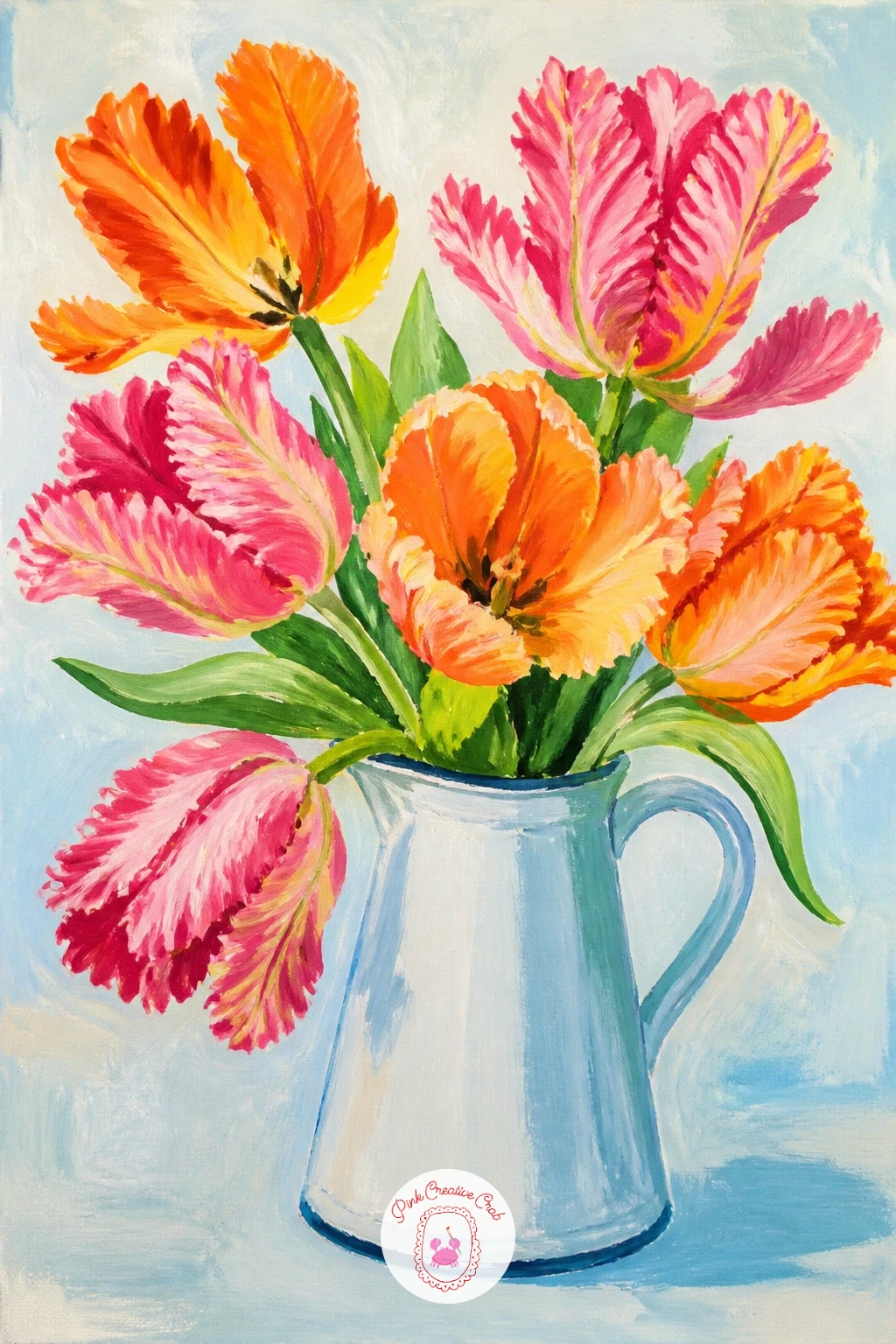 Parrot Tulips In A Jug — Parrot tulips bring their own drama with ruffled, feathered petal edges, so a plain jug is the perfect quiet base to paint them