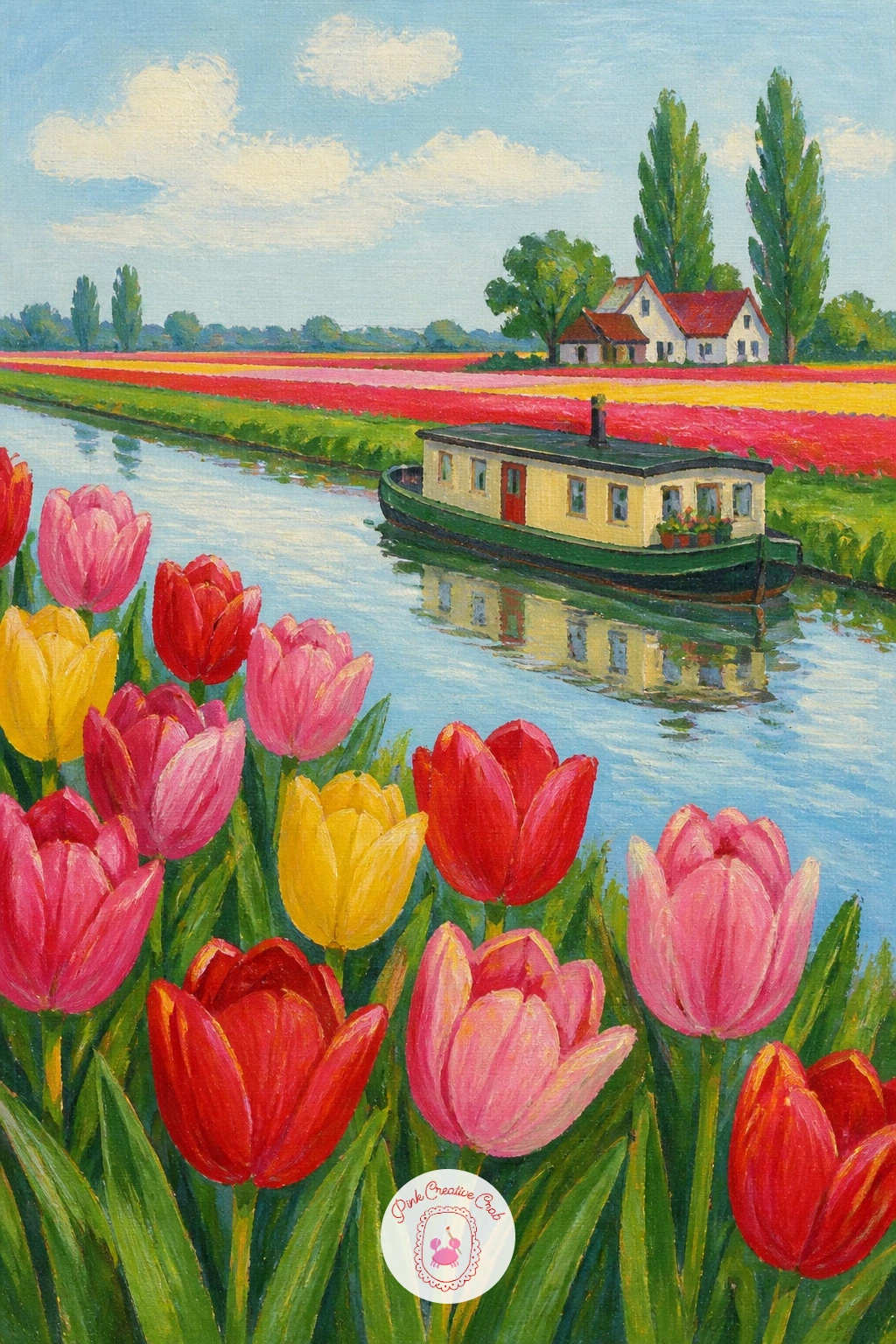 Tulip Field Along A Canal With A Houseboat — Bring the field back but add water this time: a tulip field along a canal with a houseboat lets you practice