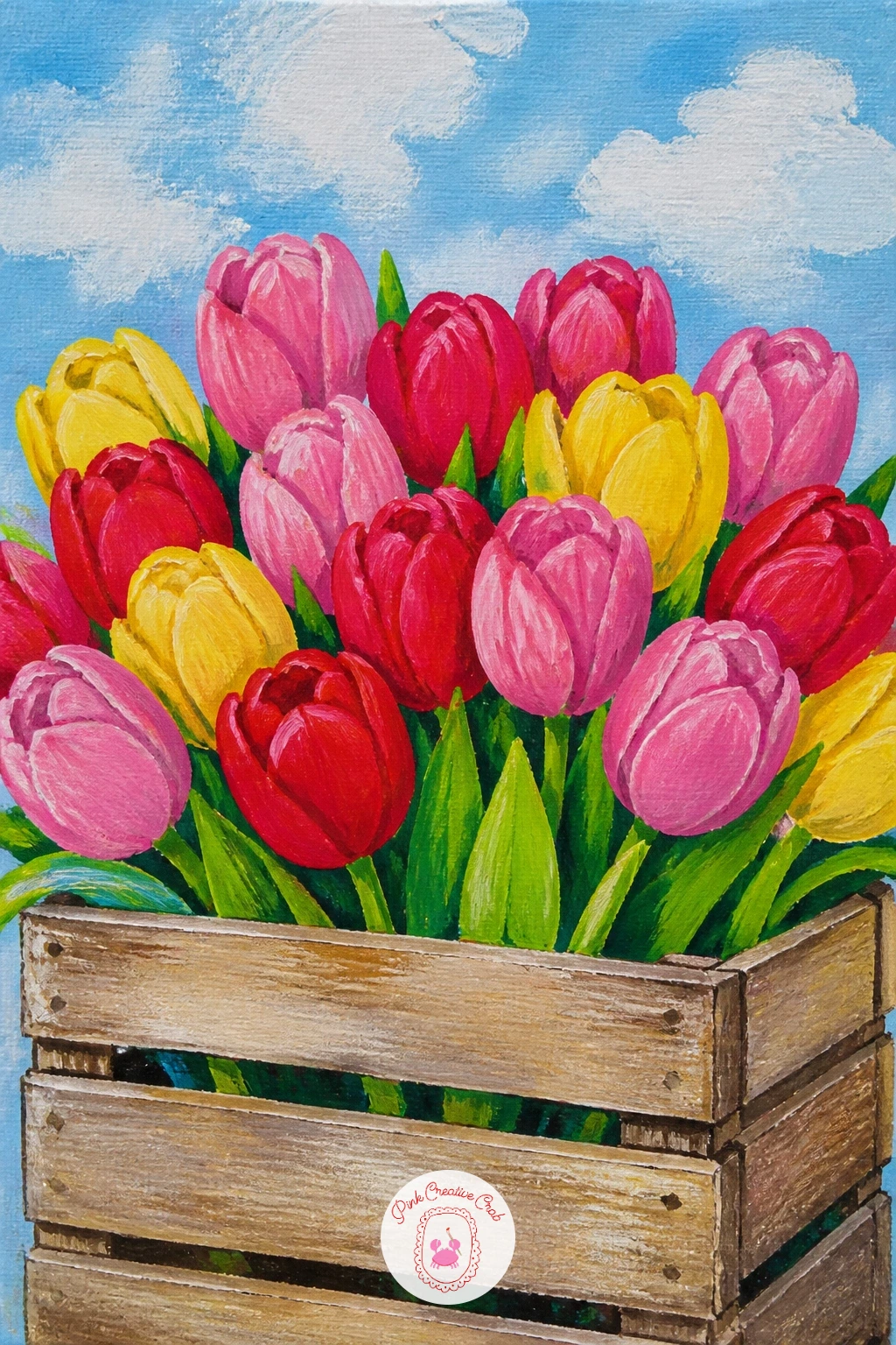 Tulips In A Wooden Crate — Tulips in a wooden crate suits a slightly wider, more rustic composition, perfect for a market or garden center mood. Tulip painting