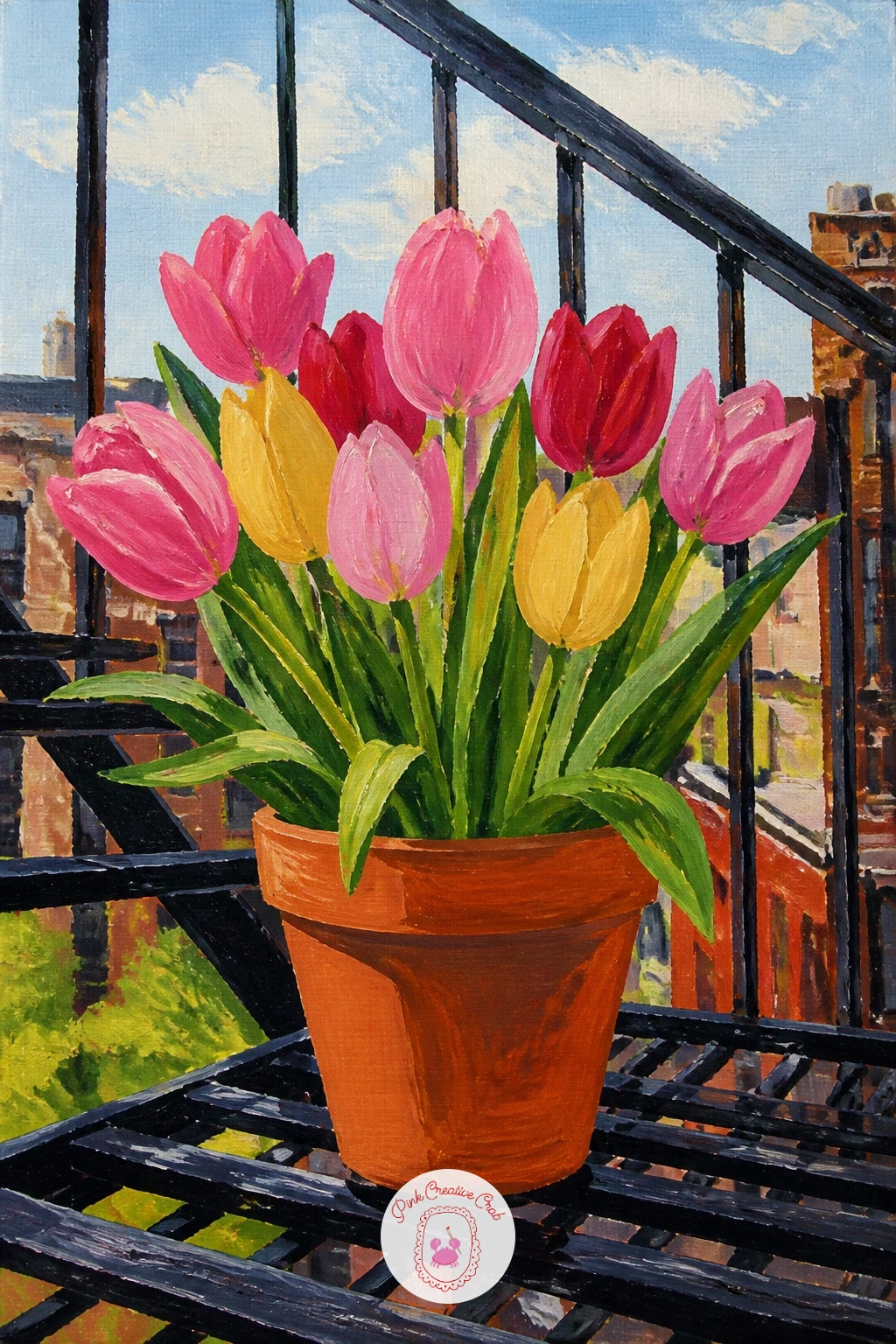 Tulips In A Pot On A Fire Escape — Tulips in a pot on a fire escape gives you a nice bit of urban contrast against all those soft Dutch fields, with hard metal